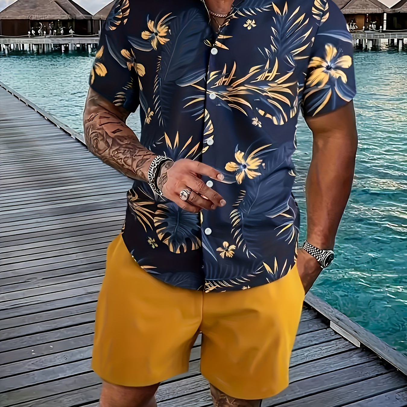 

2-piece Men's Hawaiian Style Summer Outfit Set, Leaves Pattern Allover Print Short Sleeve Button Up Lapel Shirt Top & Solid Drawstring Shorts With Pockets