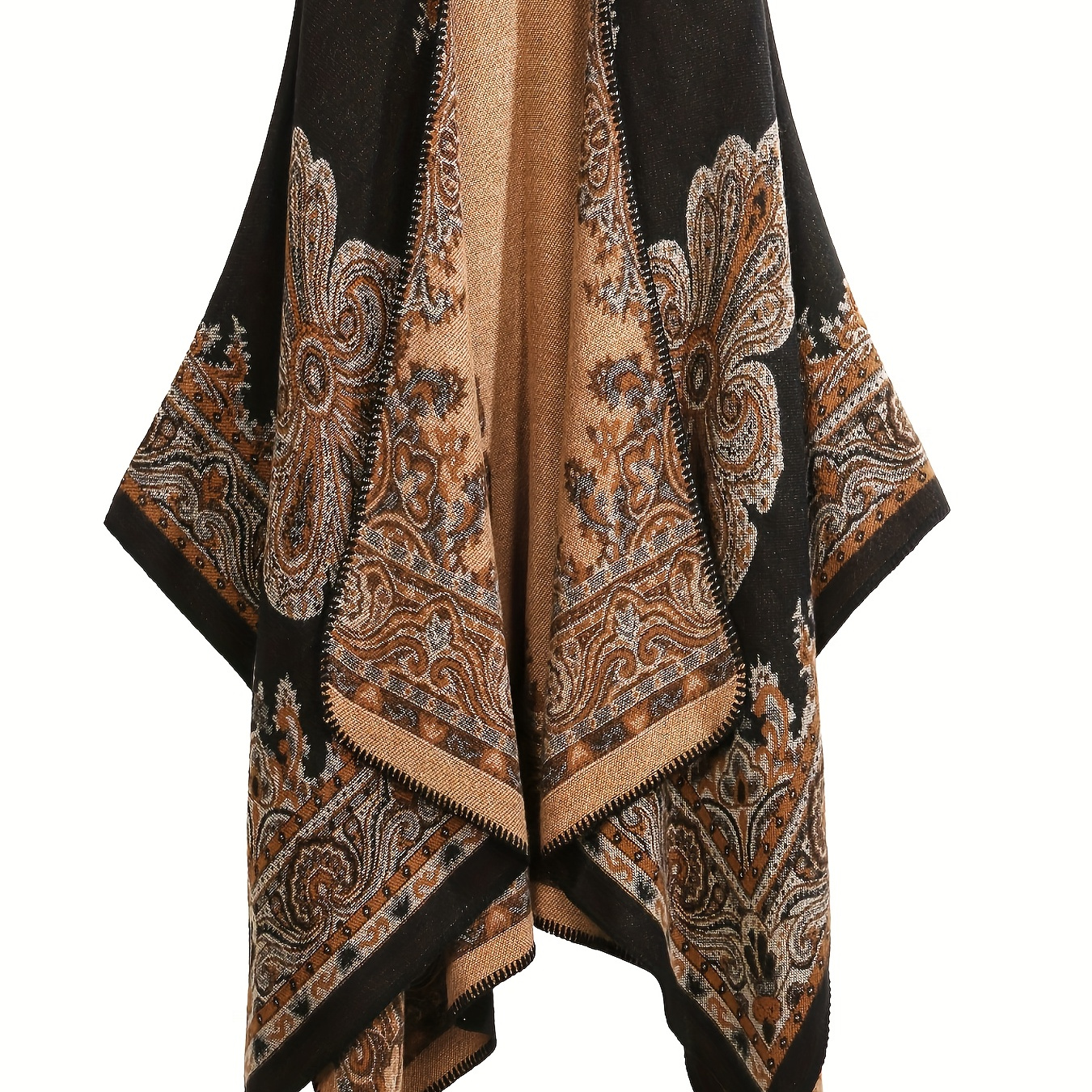 

Plus Size Ethnic Pattern Shawl Top, Vintage Warm Open Front Cover For Winter & Fall, Women's Plus Size Clothing