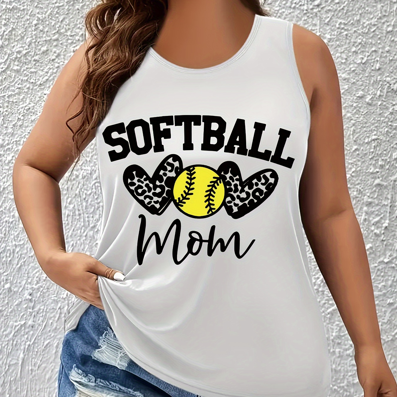 

Plus Size Softball Mom Print Tank Top, Casual Sleeveless Crew Neck Top For Summer & Spring, Women's Plus Size Clothing