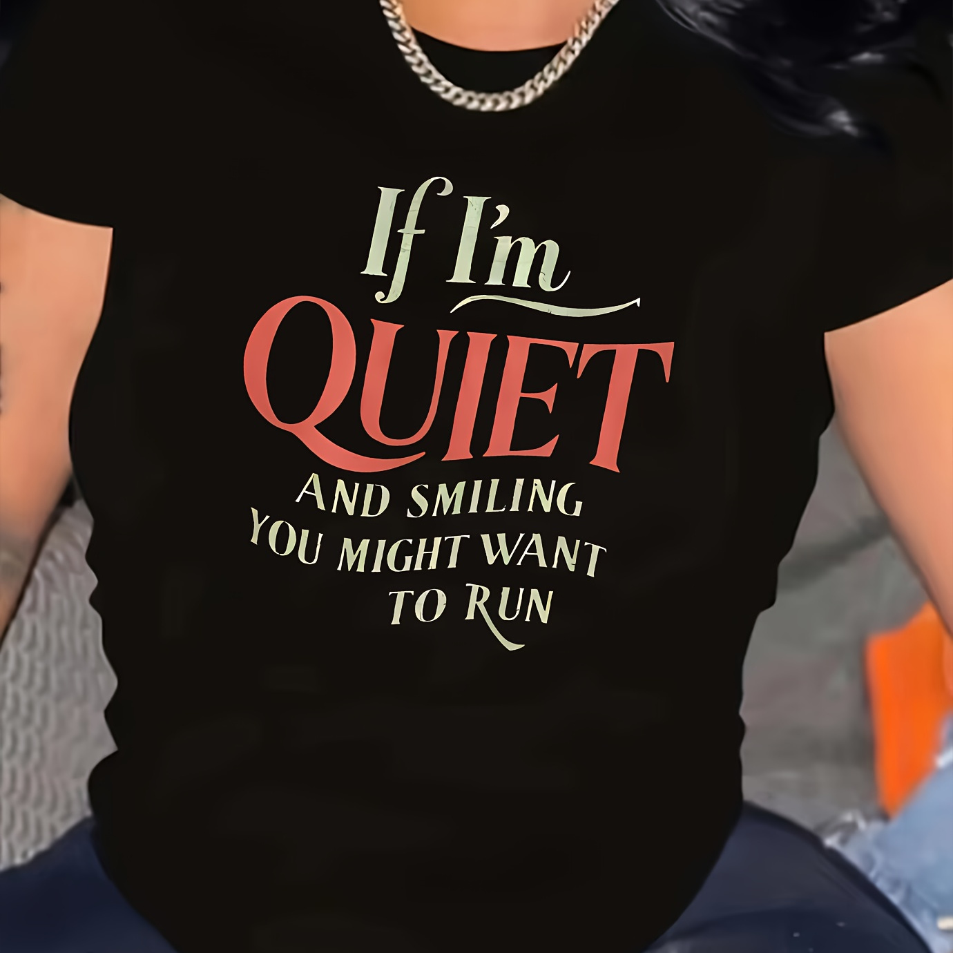 

Plus Size Women's "if I'm Quiet" Graphic Tee - Black, Stretchy Polyester , Short Sleeve, Round Neck - Machine Washable, Non-transparent - Music & Drinking Events