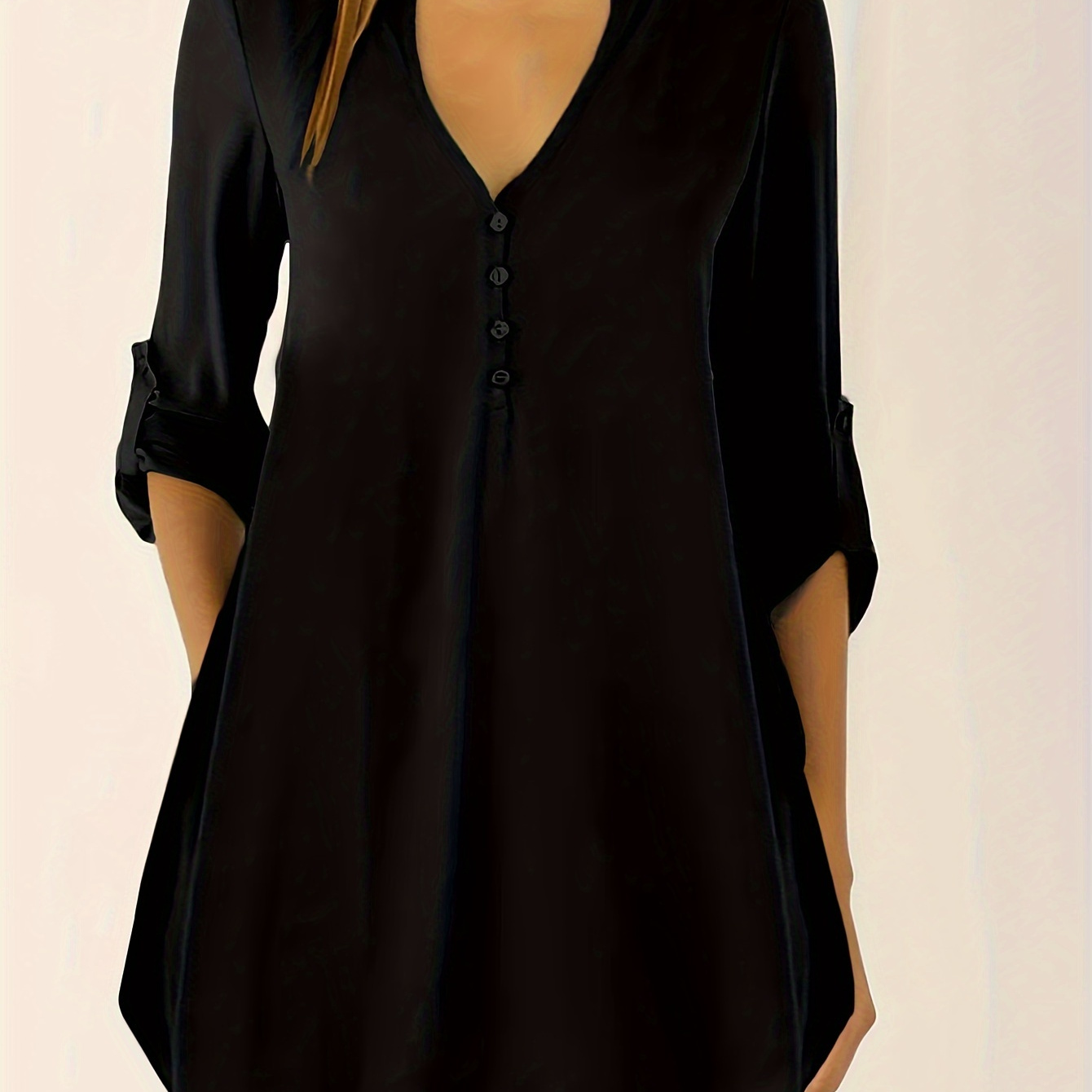 

Chic Women's V-neck Long Sleeve Dress - Casual Solid Color, Roll-up Cuffs, Loose Fit Shirt Style, Machine Washable