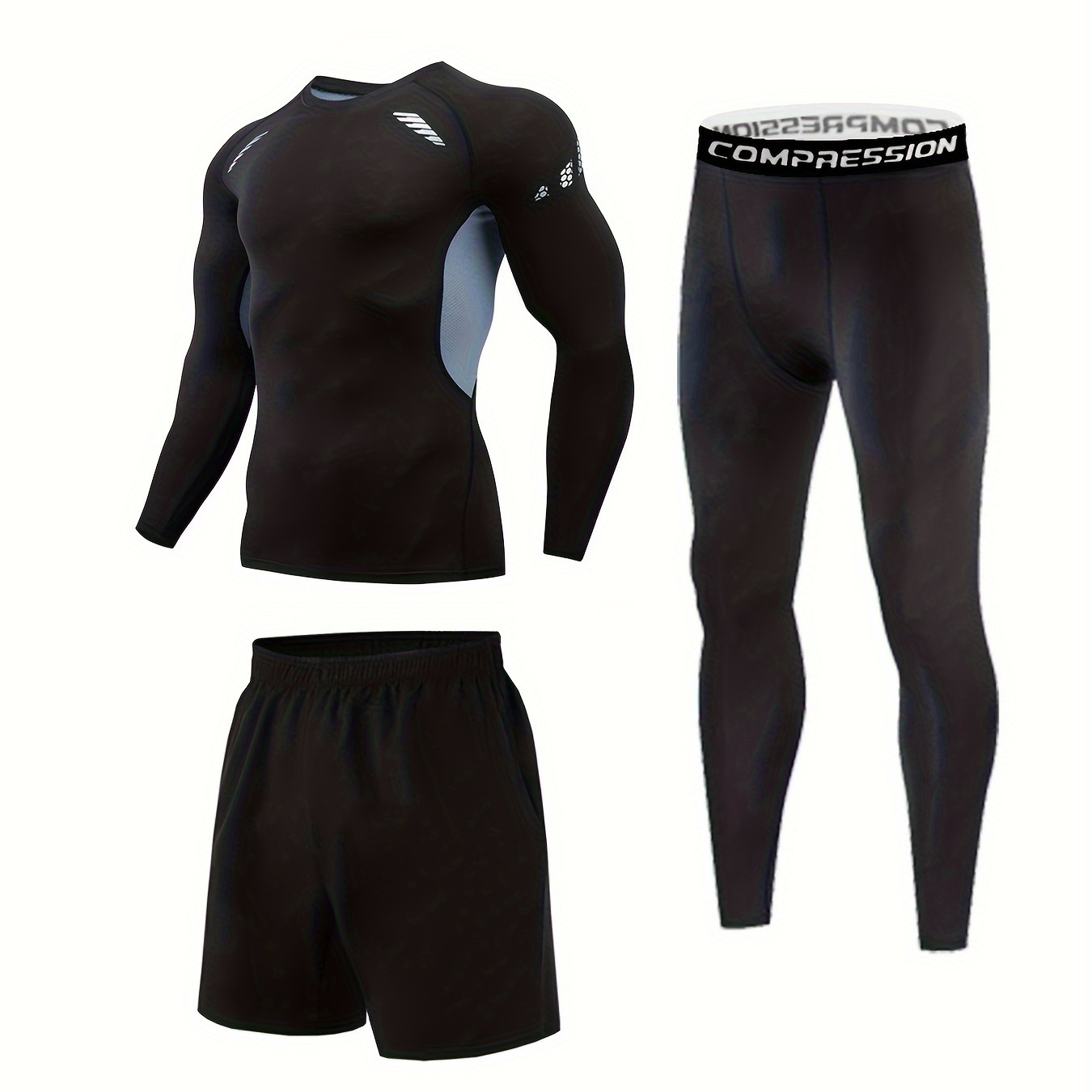 

Ensemble 3 Pièces Pour Homme : T-shirt Moulant À Col Rond À Manches Longues, Short Uni Et Leggings Assortis, Idéal Pour Les Séances D'entraînement En Extérieur.