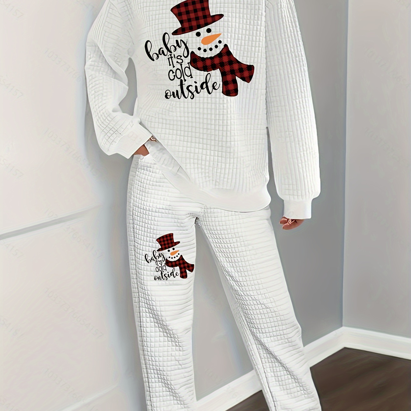 

Plus Size Snowman Print Waffle 2 Piece Set, Casual Long Sleeve Crew Neck Sweatshirt & Pants, Women's Plus Size Clothing