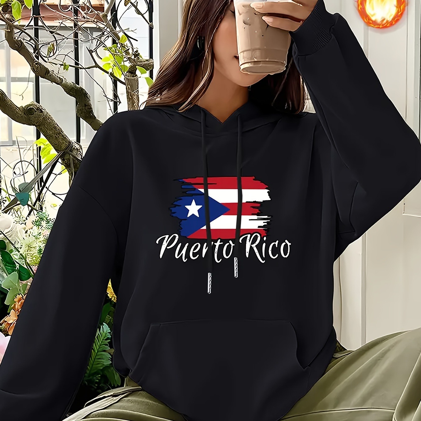 

Puerto Casual Long Sleeve Drawstring Hoodie With Flag Letter Pattern - Polyester Fabric With Pockets For Autumn/winter