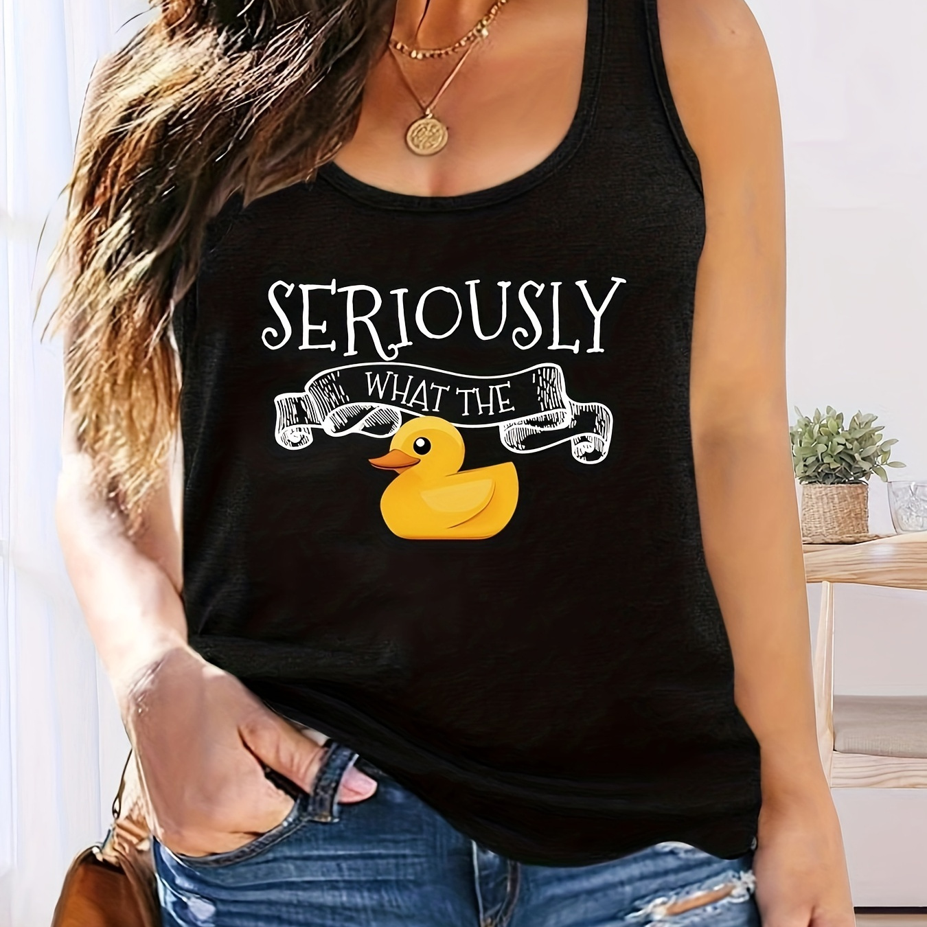 

Plus Size Duck & Letter Print Tank Top, Casual Crew Neck Sleeveless Top For Summer, Women's Plus Size Clothing
