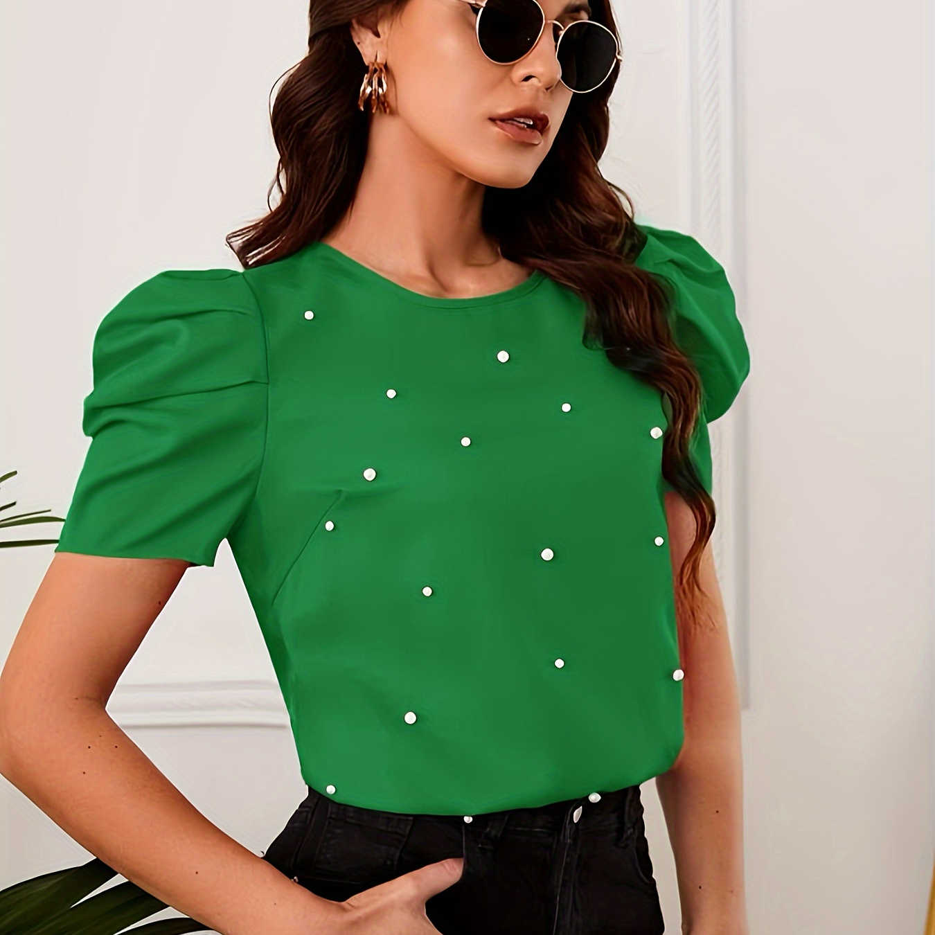 

Blouse Élégante À Encolure Ras Du Cou, Blouse À Manches Courtes Bouffantes Pour Le Printemps Et L'été, Vêtements Pour Femmes