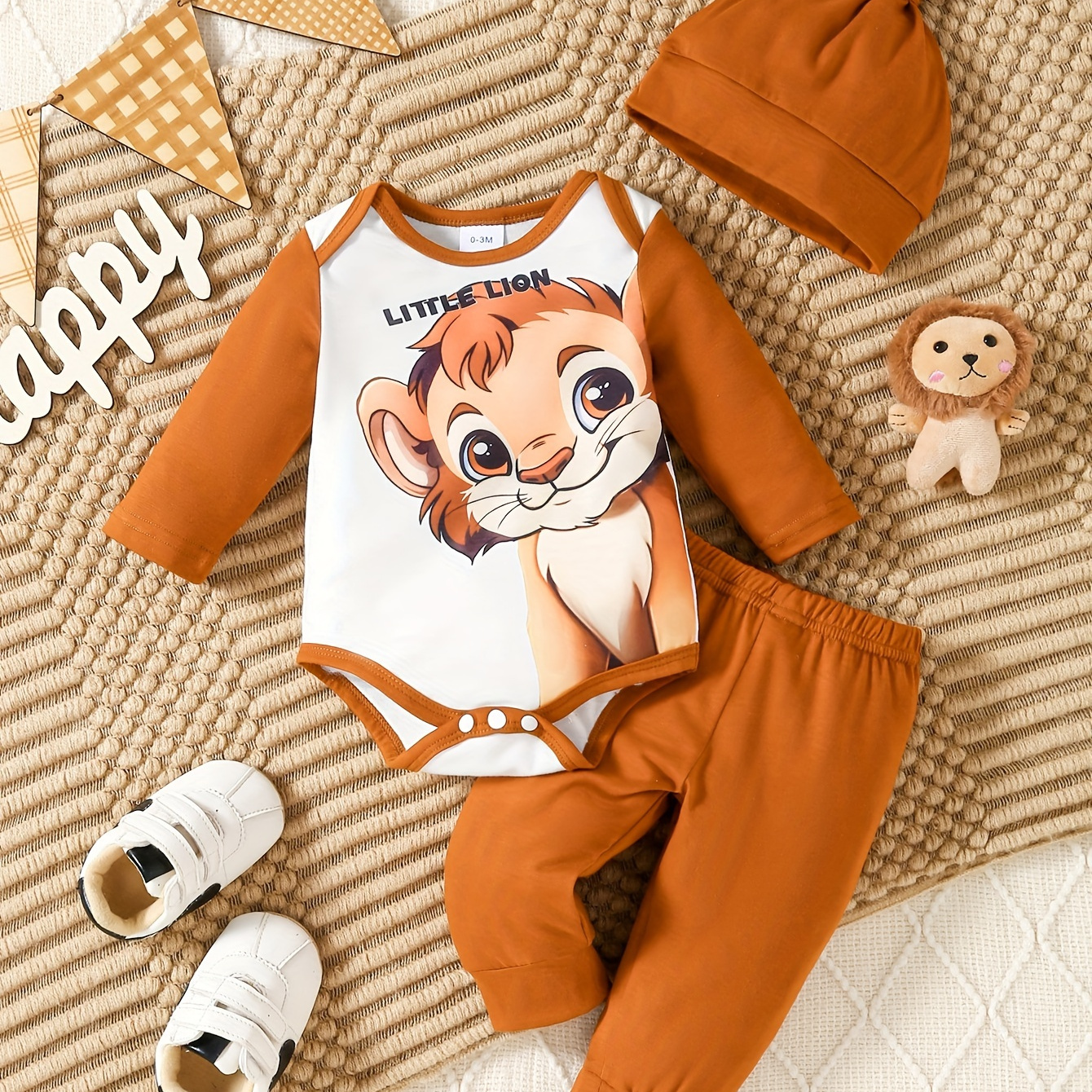 

Newborn Baby Boys Cartoon Lion Print Long Sleeve Crew Neck Jumpsuit + Matching Pants Comfy Casual Style 2pcs Outfits