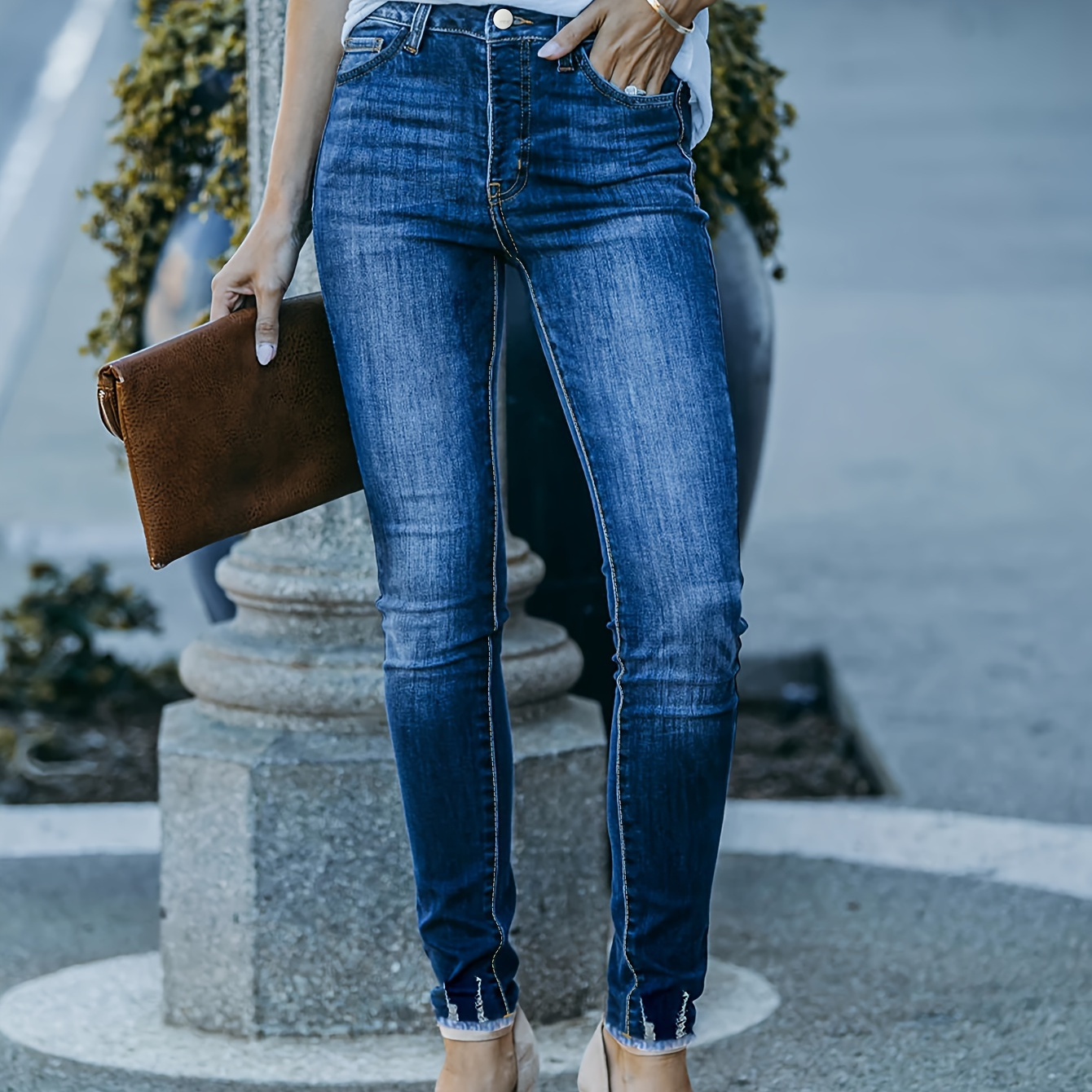 

Ripped Plus Size High Waisted Skinny Blue Leggings Pants