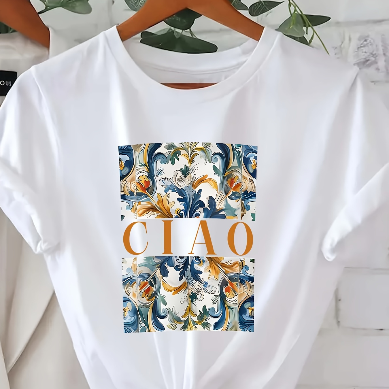 

T-shirt imprimé avec des lettres Ciao, haut décontracté à manches courtes et col rond pour l'été et le printemps, vêtements pour femmes