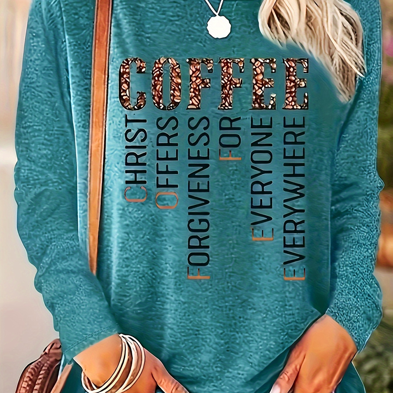 

Plus Size Coffee Print T-shirt, Casual Long Sleeve Crew Neck Top For Spring & Fall, Women's Plus Size Clothing