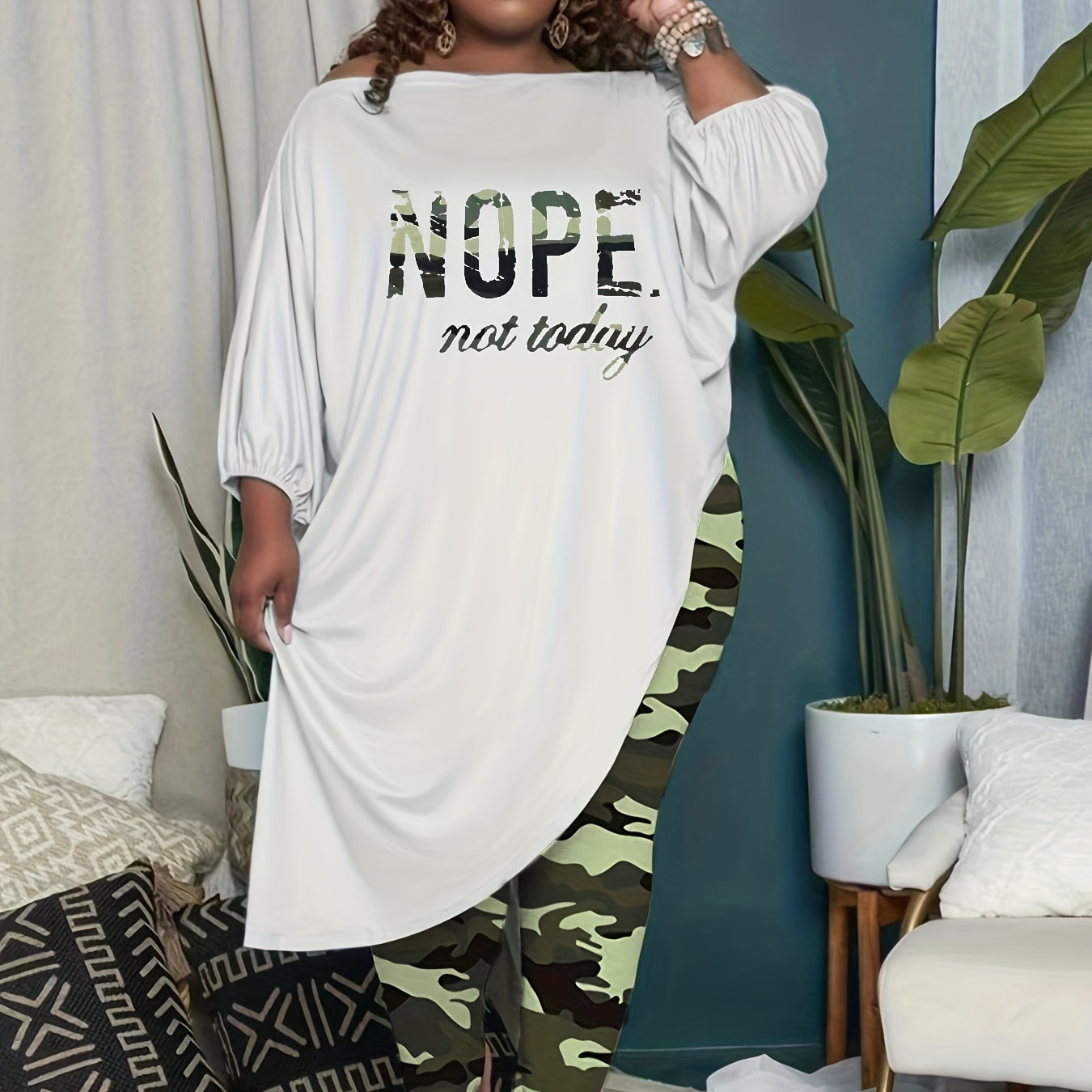 Plus Size Casual Outfits Two Piece Set, Women's Plus Slogan Print Bubble Sleeve Off Shoulder Asymmetrical Hem Top & Camo Print Leggings Outfits 2 Piece Set