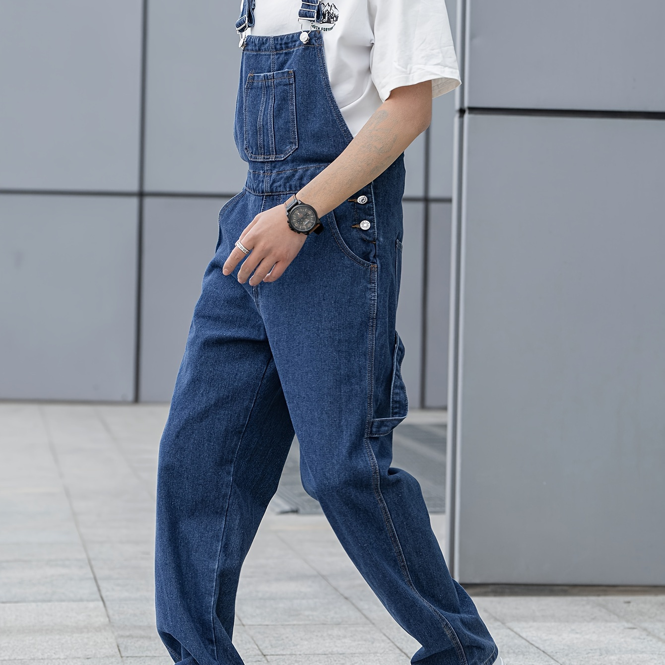 

Men's Denim Overalls, Casual Style Loose Fit Classic Adjustable Strap Multi-pocket Design Denim Trousers, Durable Jeans Pants For Streetwear & Workwear