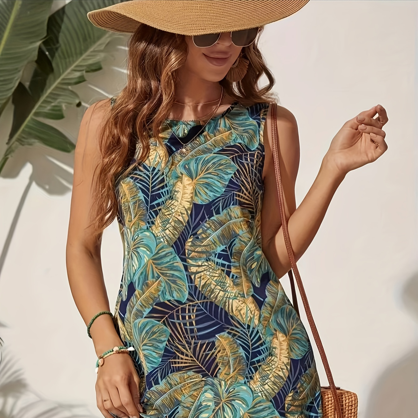 

Robe débardeur à col rond imprimé tropical, robe élégante sans manches de style vacances, vêtements pour femmes