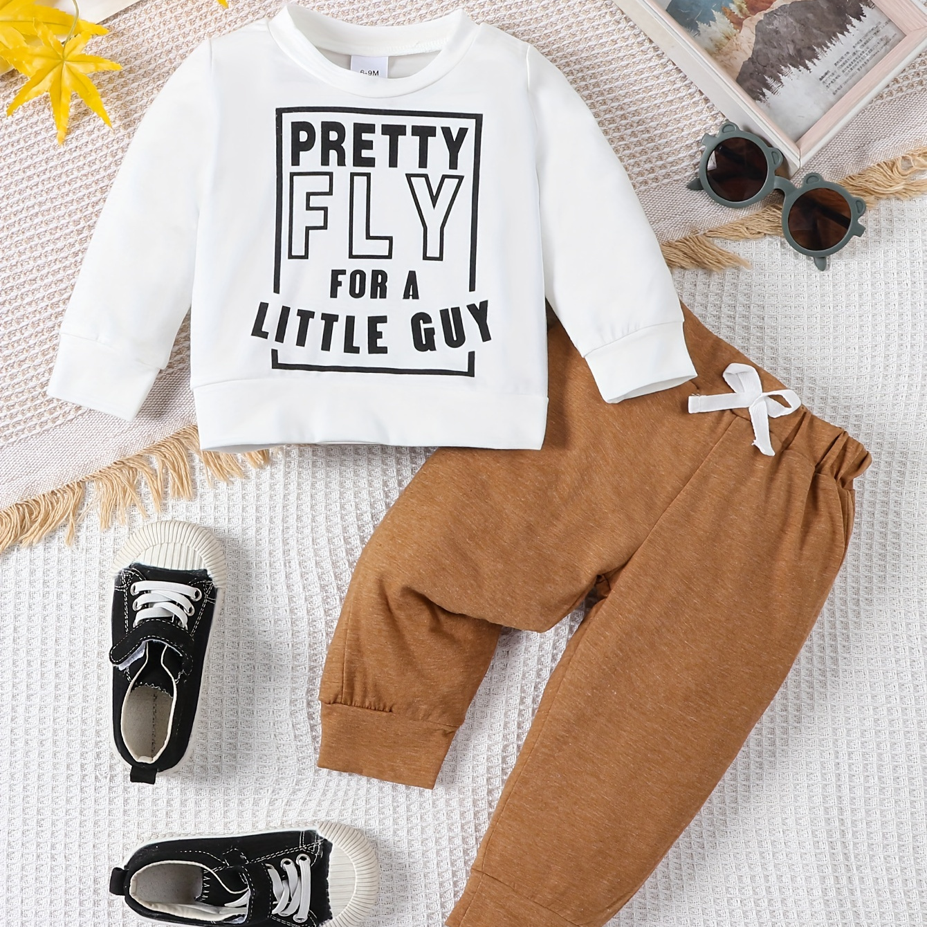 

Baby Boy's Cotton Matching Outfit - Letter Print Long Sleeve Round Neck Top + Joggers Pants Set - Pretty Fly For A Little Guy