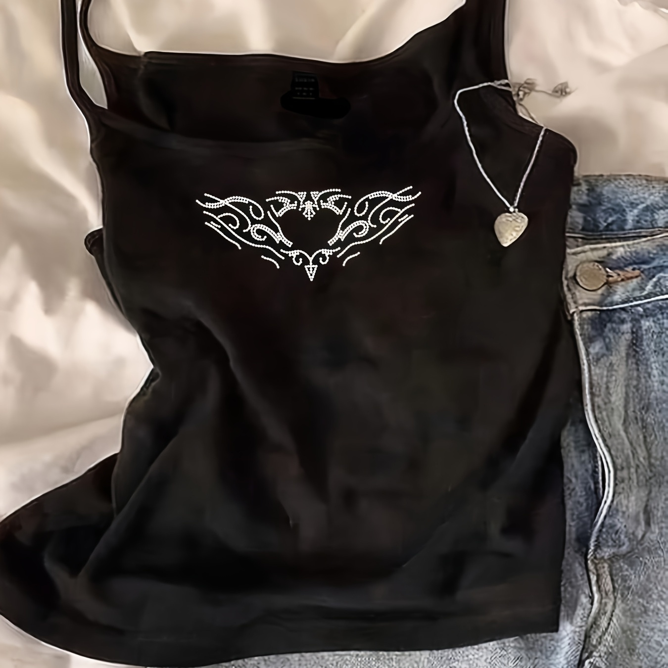 

Stylish Y2k-inspired Black Cami Top With Rhinestone Wing Pattern - & Trendy, Stretchy Polyester , Machine Washable, Summer