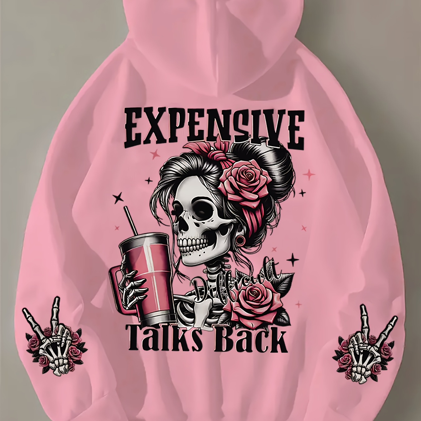 

Women's Casual White Hoodie With Chic Skull & Roses Graphic - Cozy Polyester Pullover With " Back" Design, Machine Washable, Winter, Sweater Hoodie