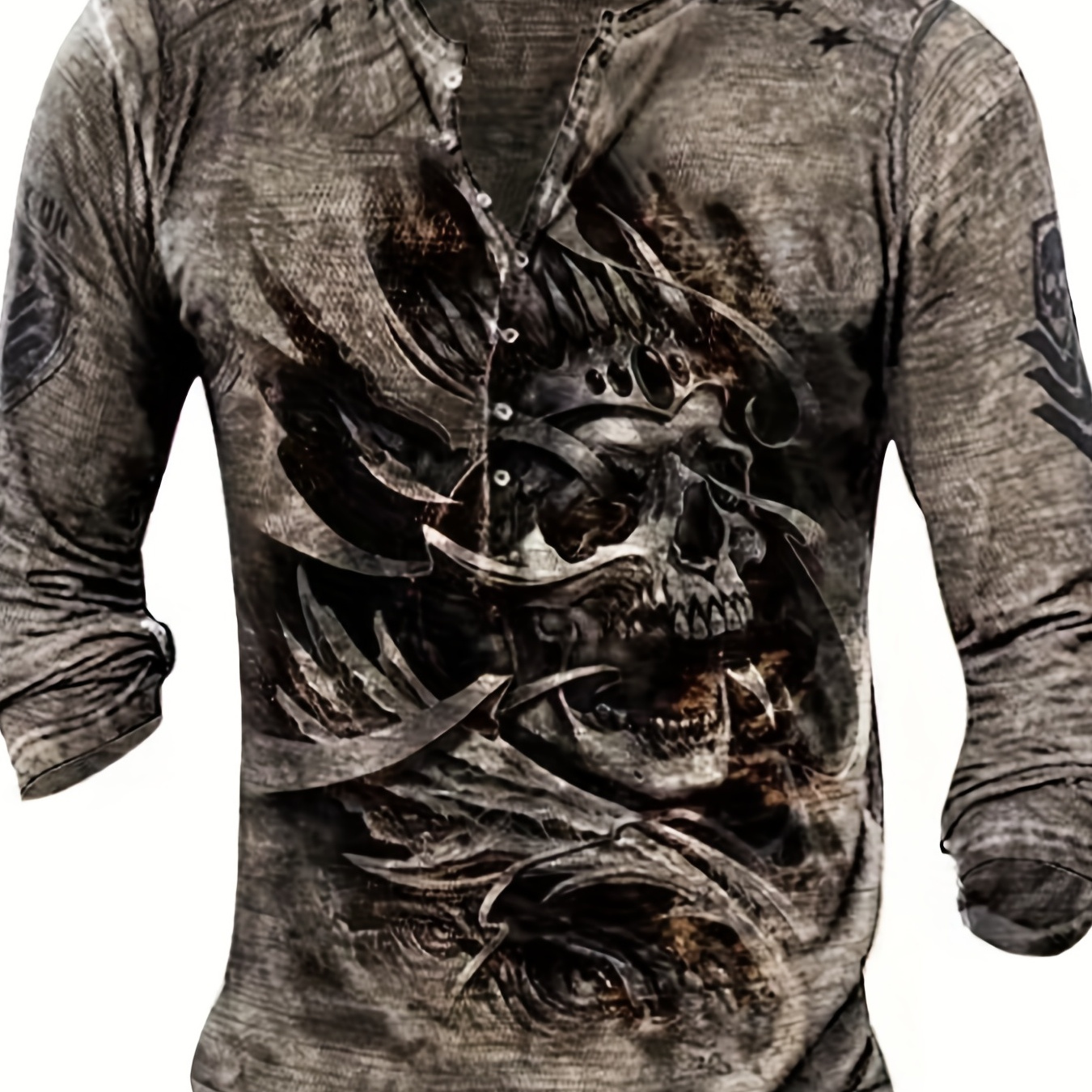 

Retro Style Various Print Men's Long Sleeve Henley Tee With Half Button, Spring Fall
