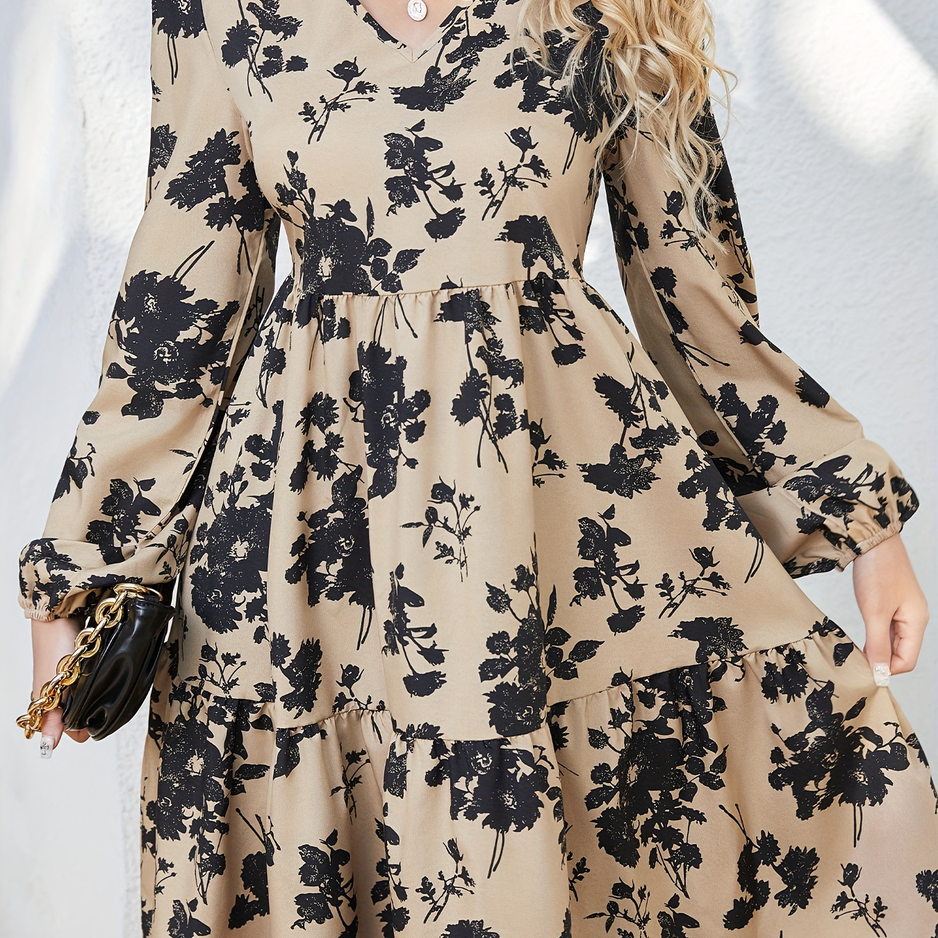 

Vintage Floral Print Ruffle Hem Dress, Casual V Neck Long Sleeve Dress, Women's Clothing