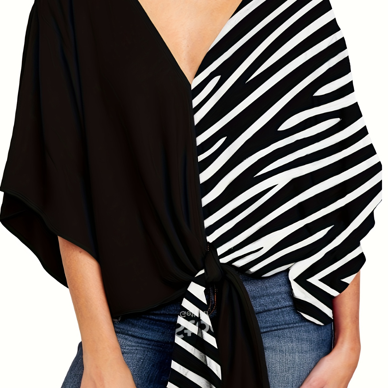 

Plus Size Zebra Print Knotted Front Blouse, Casual V Neck Button Batwing Blouse For Spring & Summer, Women's Plus Size Clothing