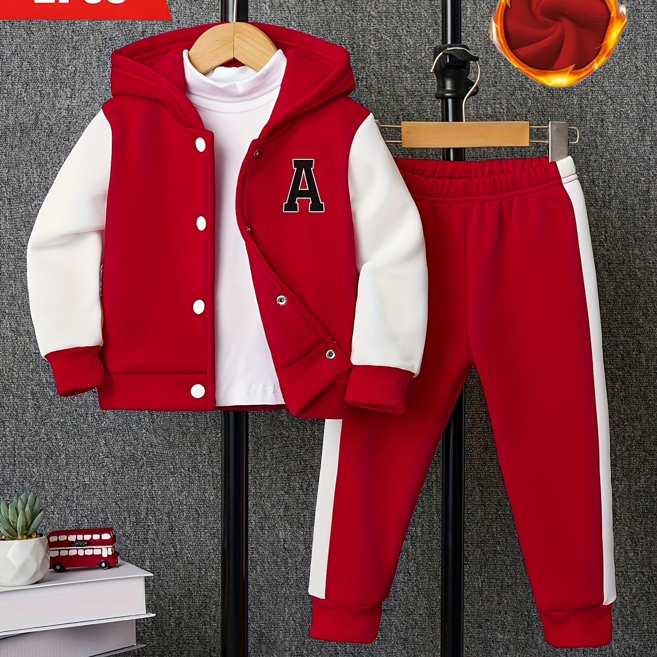 TEMU 2pcs Boys Loose Long Sleeve Color Shoulder Varsity Hooded Baseball Jacket&casual Pants Outfit, Kids Clothing For