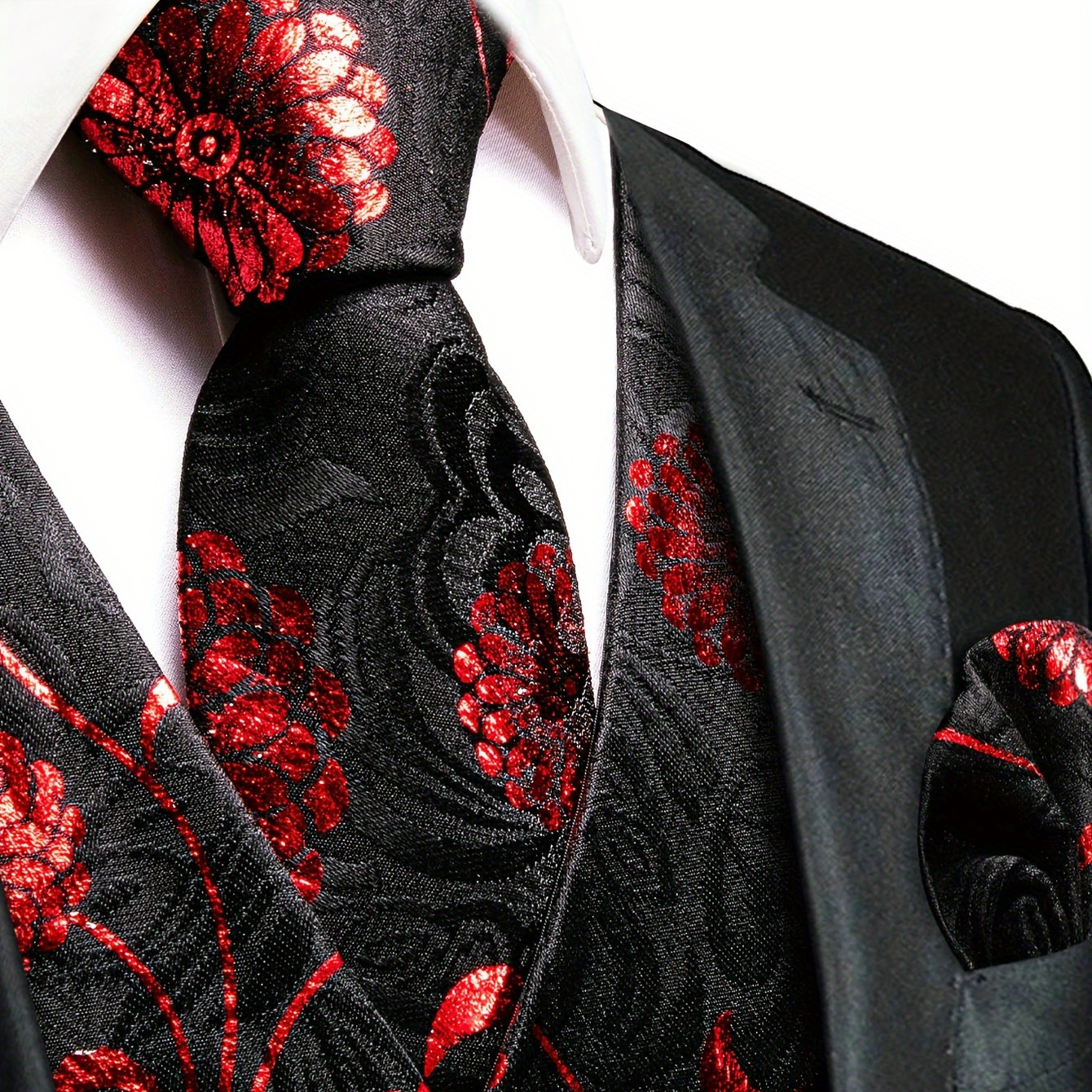 

Men's Floral Graphic Print V Neck Waistcoat & Necktie & Handkerchief & Cufflinks 4-piece Set For Party/wedding/formal Prom