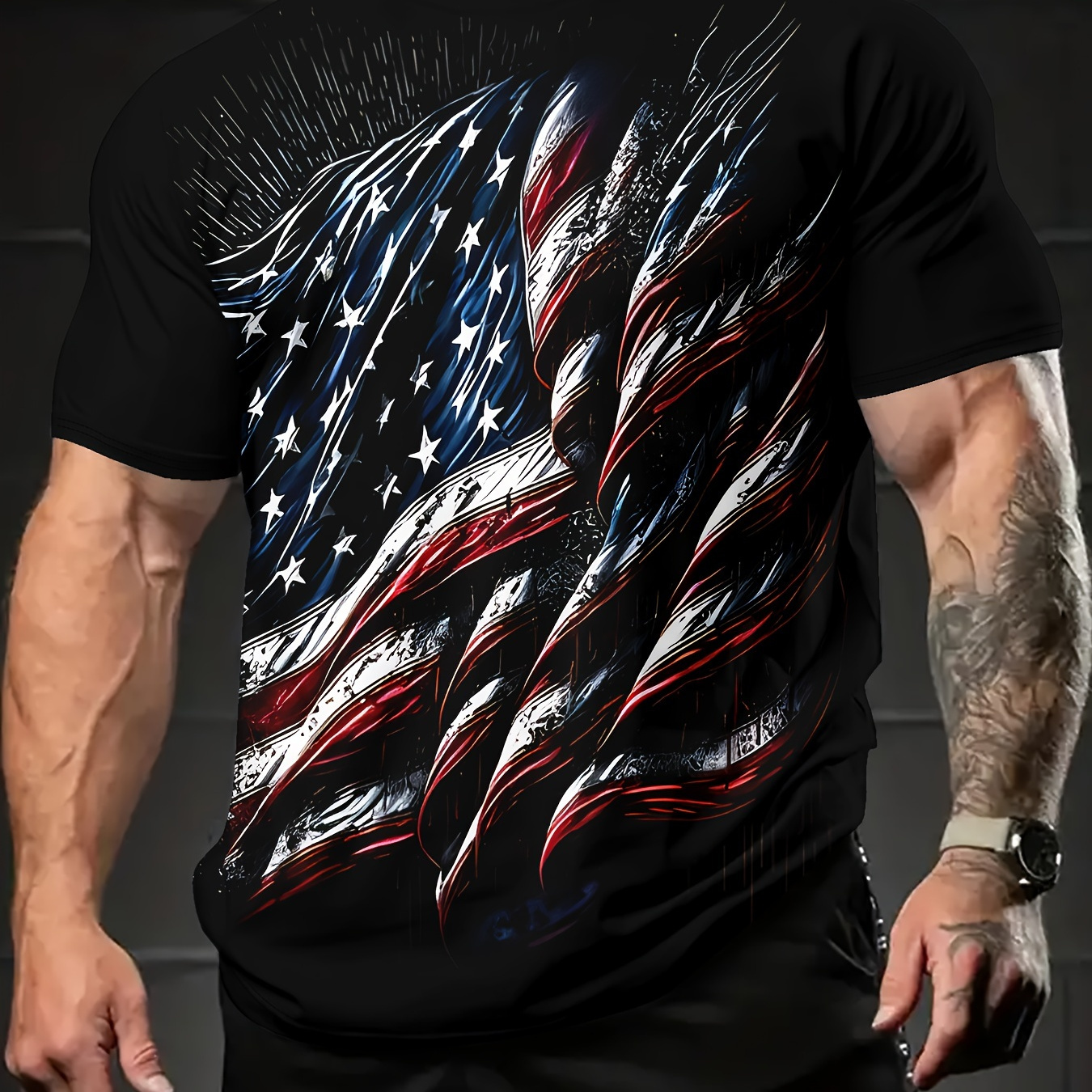 

American Flag Print Men's Fashionable Summer Short Sleeve Sports Crew Neck T-shirt, Comfy Trendy Tee, Comfortable And Versatile