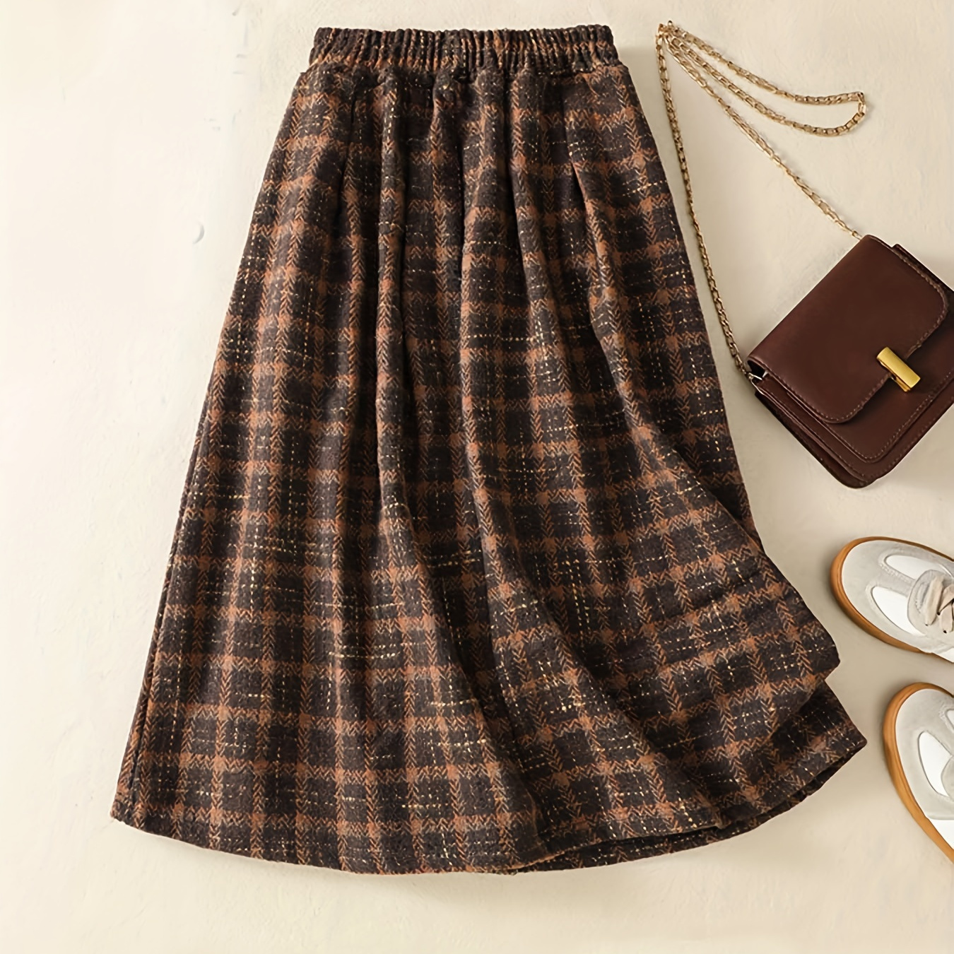 

Plus-size Vintage Thick Skirt With A Loose Elastic Waist, Casual A-line Skirt That The Figure, Unlined Mid-length Checkered Women'.