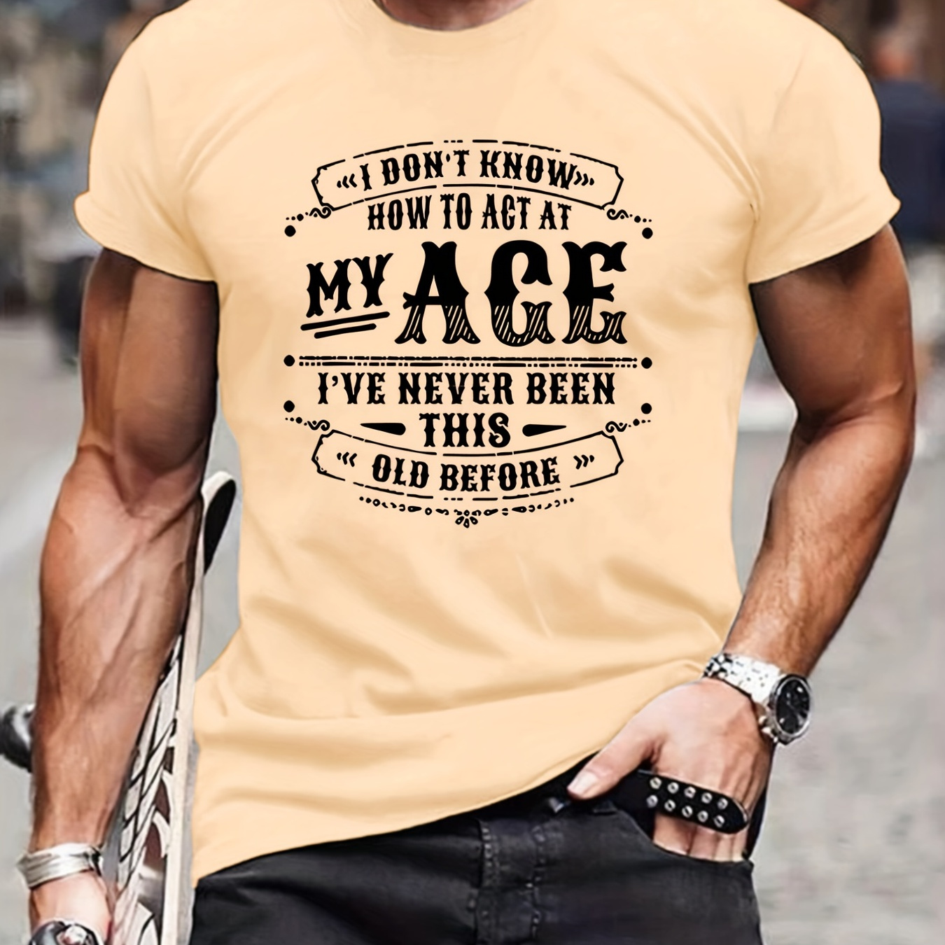 

Funny Act At My Age Slogan Pattern Print Men's T-shirt, Graphic Tee Men's Summer Clothes, Men's Outfits