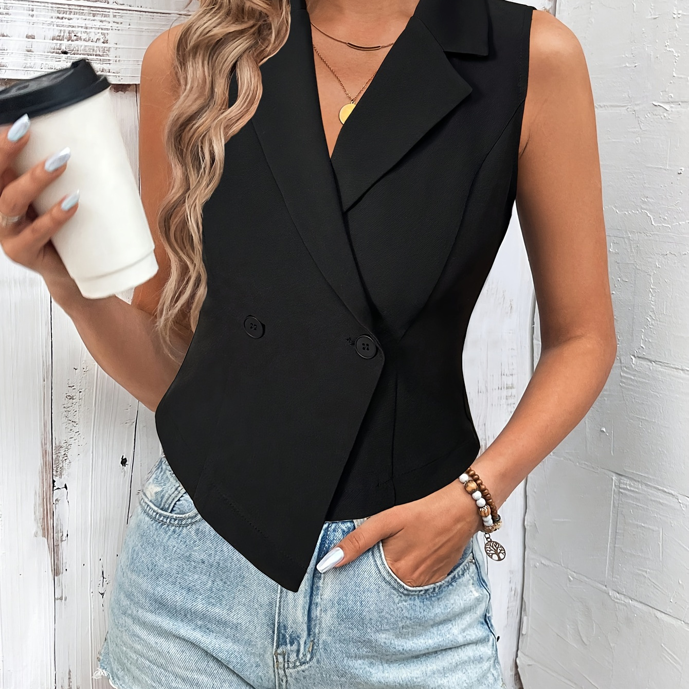 

Notched Collar Button Front Vest, Elegant Solid Color Sleeveless Vest For Spring & Fall, Women's Clothing