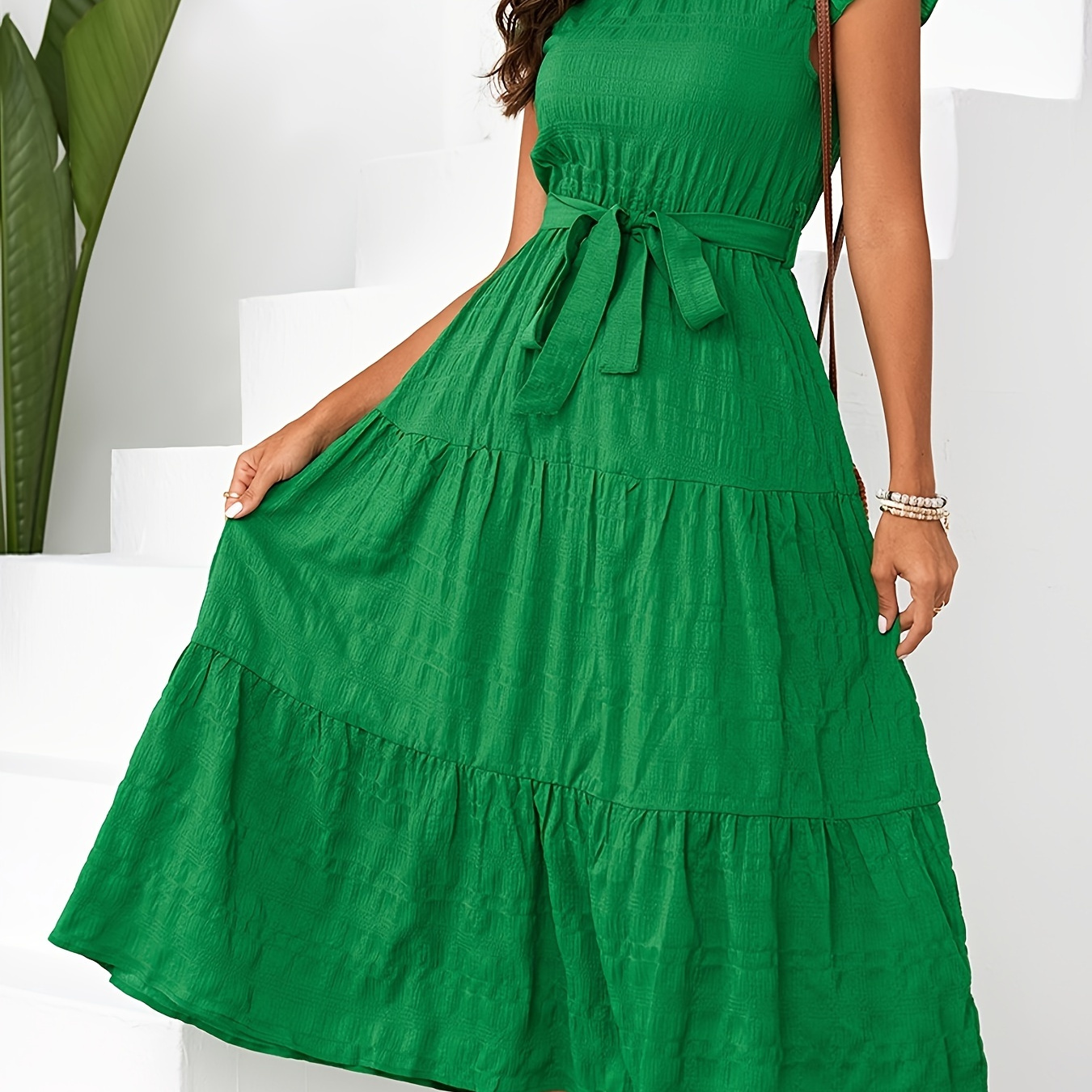 

Belted Ruffle Hem Mock Neck Dress, Elegant Solid Dress For Spring & Summer, Women's Clothing