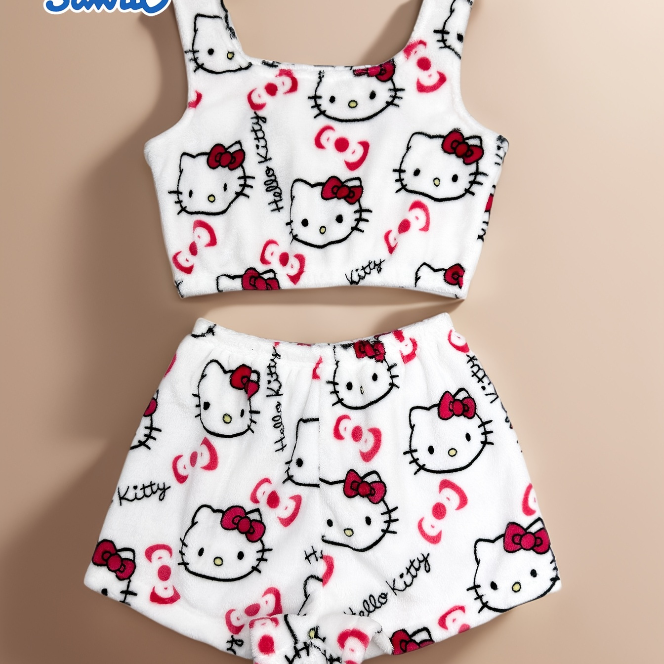 

Sanrio Hello Kitty Cozy Flannel Clothing Set - Cute Cartoon Print, Sleeveless Tank Top & Shorts, Machine Washable - Women' Clothing