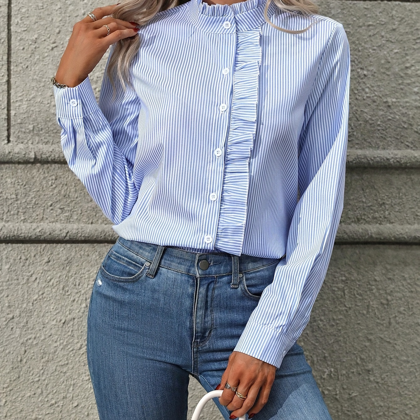 

Striped Print Ruffle Trim Blouse, Elegant Long Sleeve Single Breasted Blouse For Spring & Fall, Women's Clothing