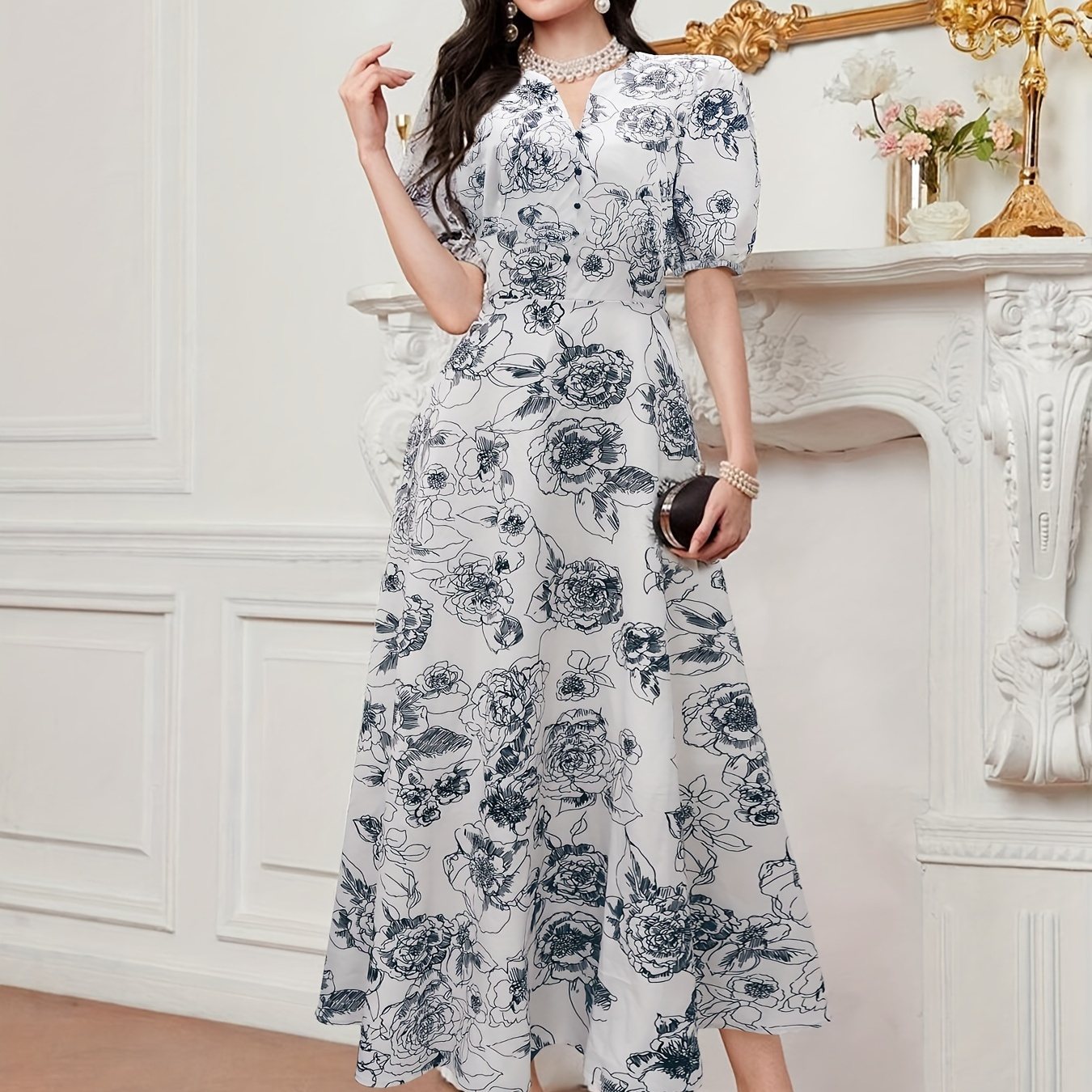 

Floral Print V Neck Dress, Elegant Short Sleeve Dress For Spring & Summer, Women's Clothing