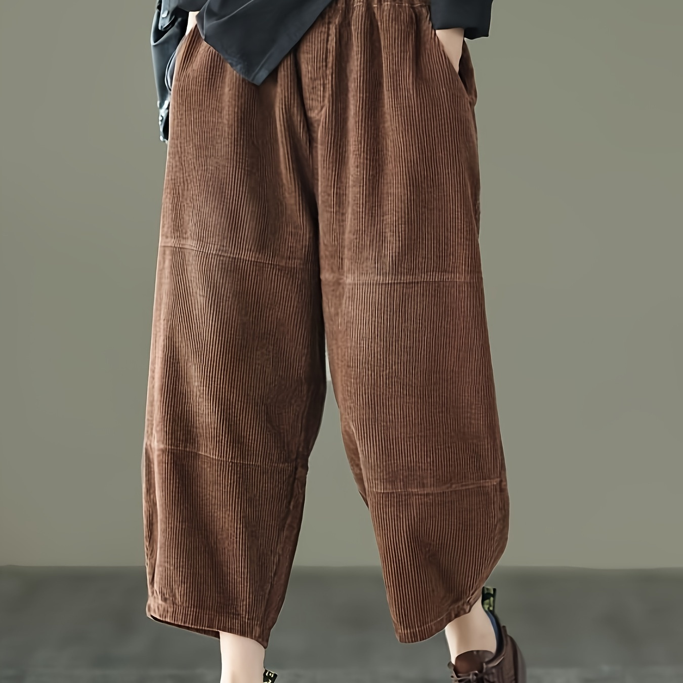 

Women' Brown Corduroy Trousers, Casual Loose Fit, Spring/autumn Fashion, Polyester, Striped, 9-inch Length, Korean Style