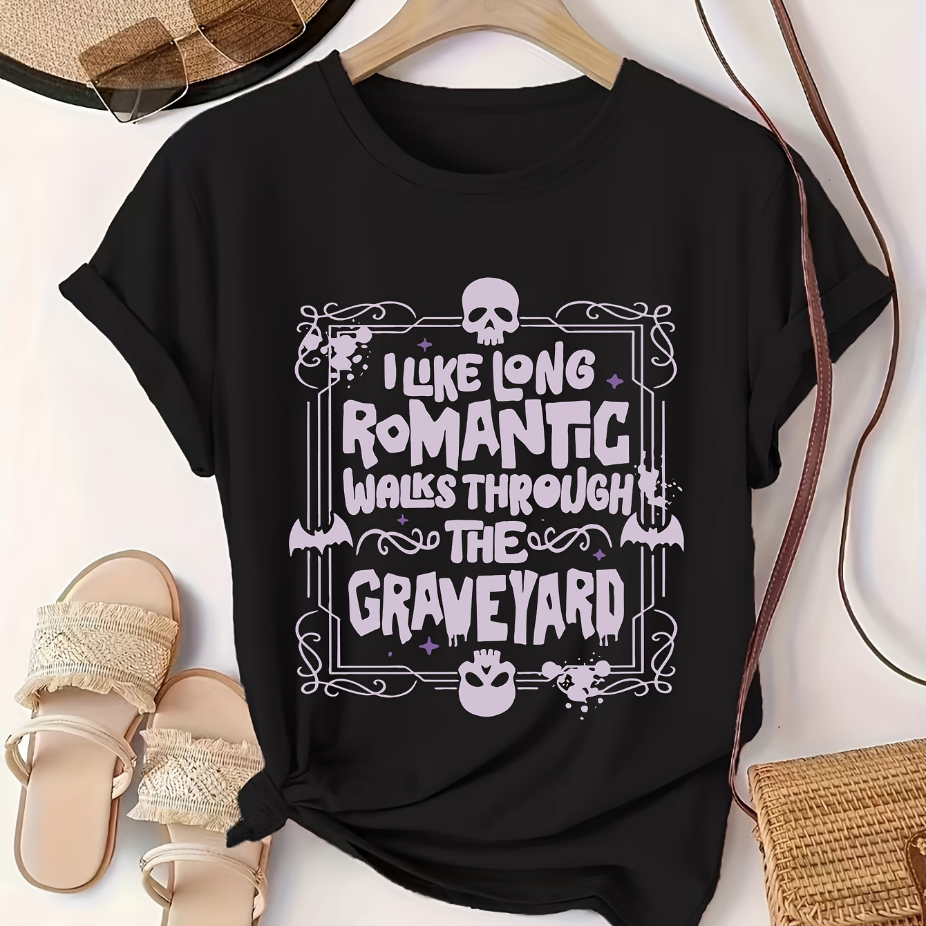 

Women's Casual Crew Neck T-shirt With "i Like Long Romantic Walks Through The Graveyard" Print - Polyester Knit Fabric With Elastane, Alphabet Pattern, Regular Fit For All Seasons