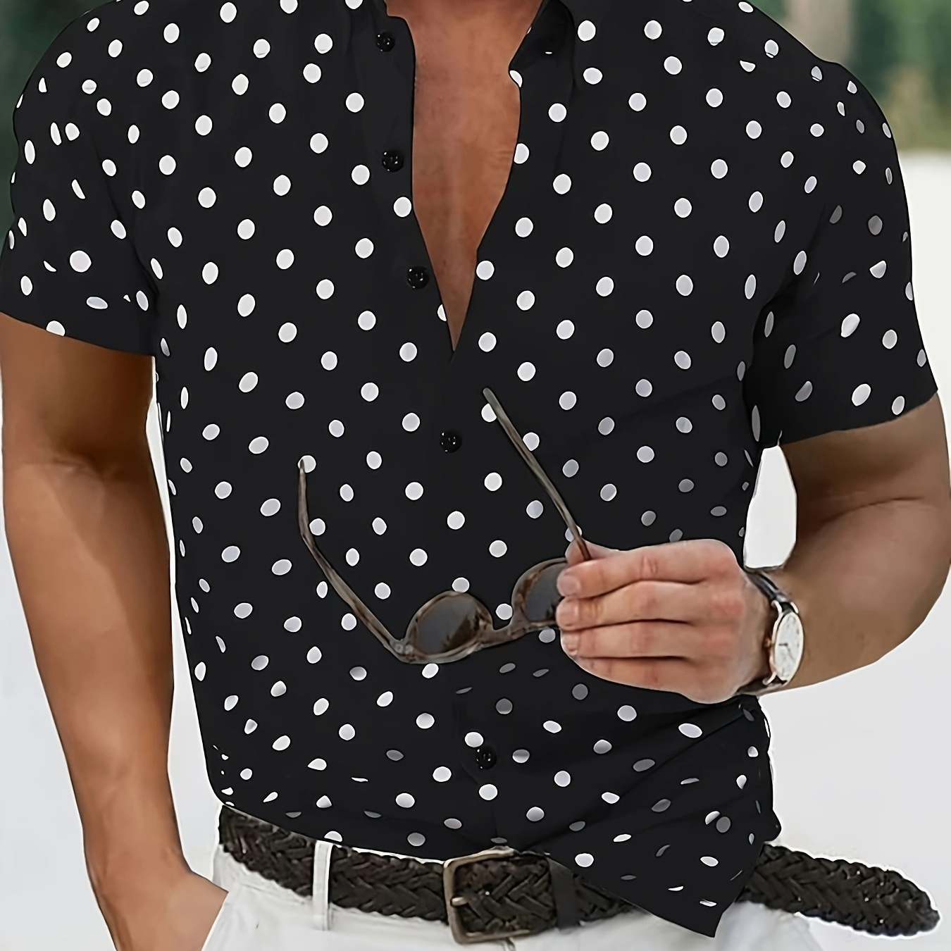 

Polka Dots Digital Print Men's Short Sleeve Button Down Shirt, Summer Men's Leisurewear