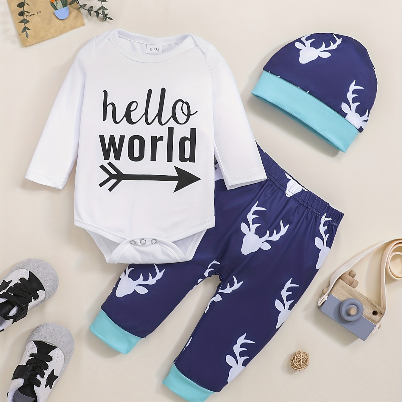 

3pcs Cute Set Newborn Infant Baby Girl Boy Hello World Print Romper+striped Pants+hat Outfit