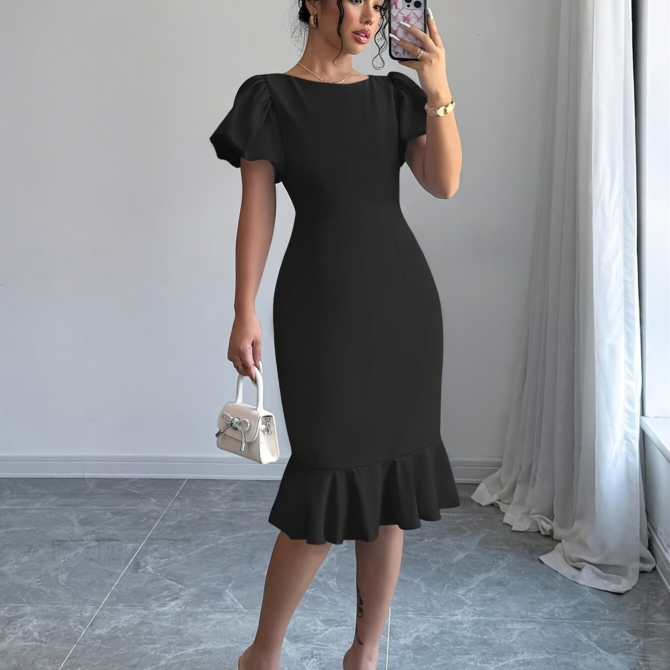 

Robe Midi Élégante pour Femme Uni avec Ourlet à Volants - Col Rond, Manches Courtes, Mélange de Polyester Extensible, Lavable en Machine - Chic & Polyvalente pour Toutes les