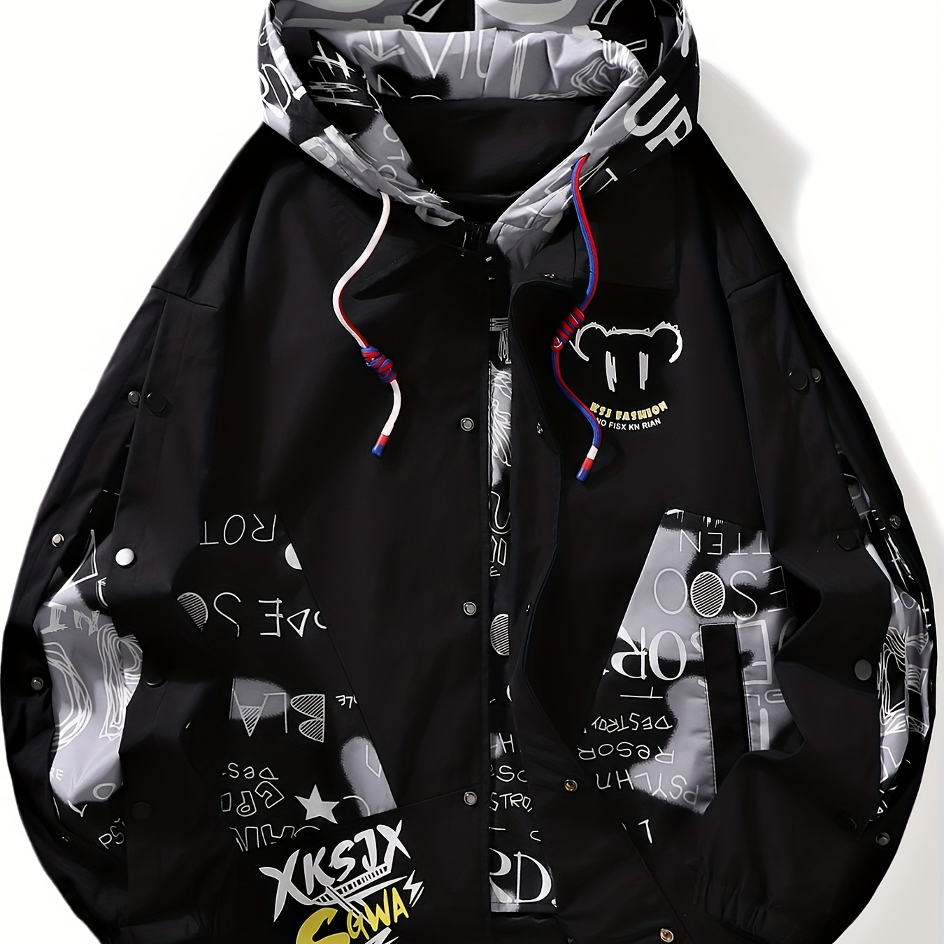 

Men's Loose Graffiti Jacket With Pockets, Casual Zip Up Long Sleeve Hooded Jacket For Outdoor