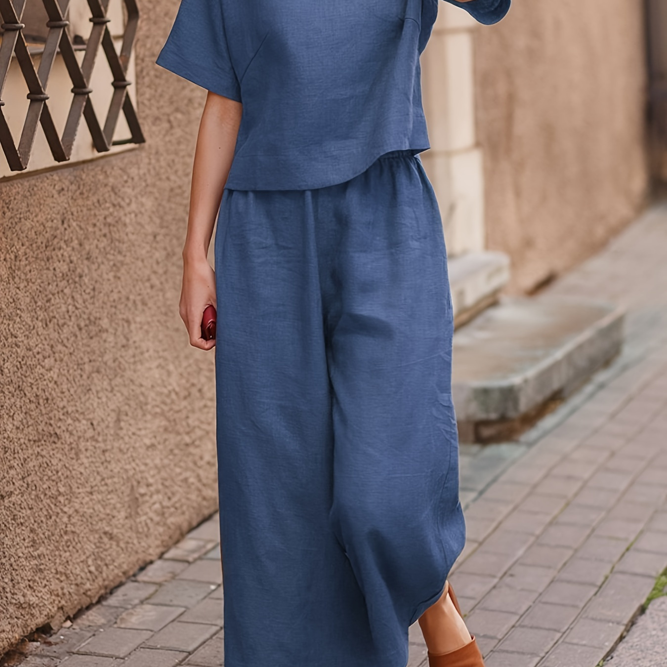 

Casual Solid Color Loose Pantsuits, Short Sleeve T-shirt & Wide Leg Pants Outfits, Women's Clothing