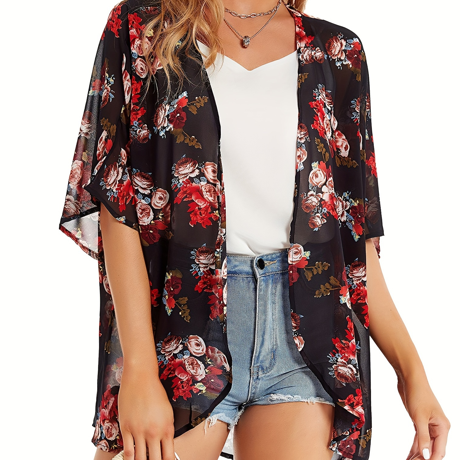 Plus Size Casual Cardigan, Women's Plus Floral Print Bat Sleeve Thin Summer Cardigan