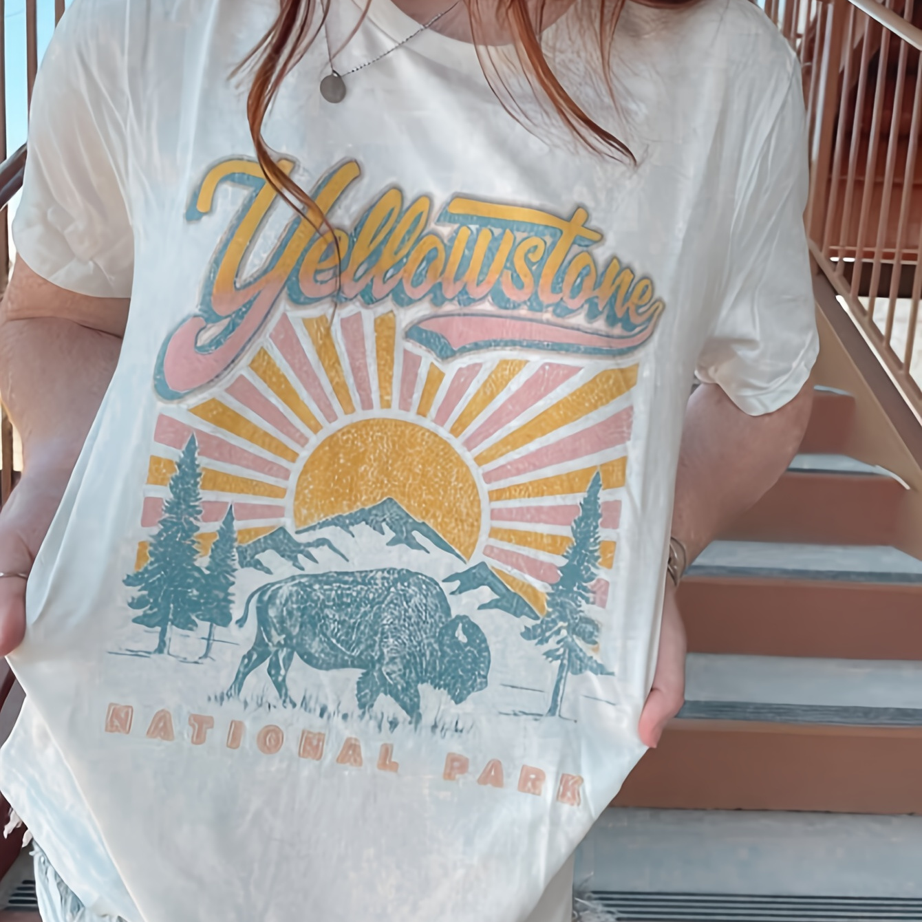 

Sun Print Drop Shoulder T-shirt, Short Sleeve Crew Neck Casual Top For Spring & Summer, Women's Clothing