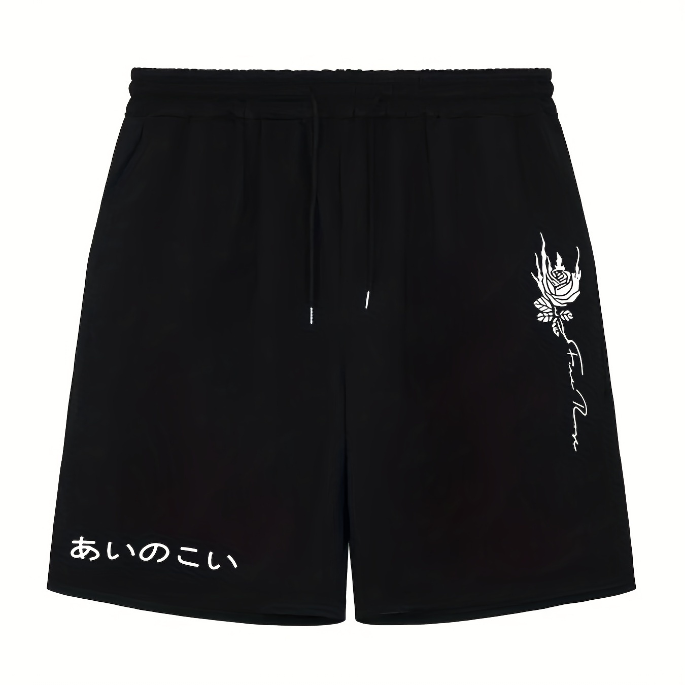 

Japanese Kanji Rose Comfy Shorts, Men's Casual Solid Color Slightly Stretch Elastic Waist Drawstring Shorts For Summer
