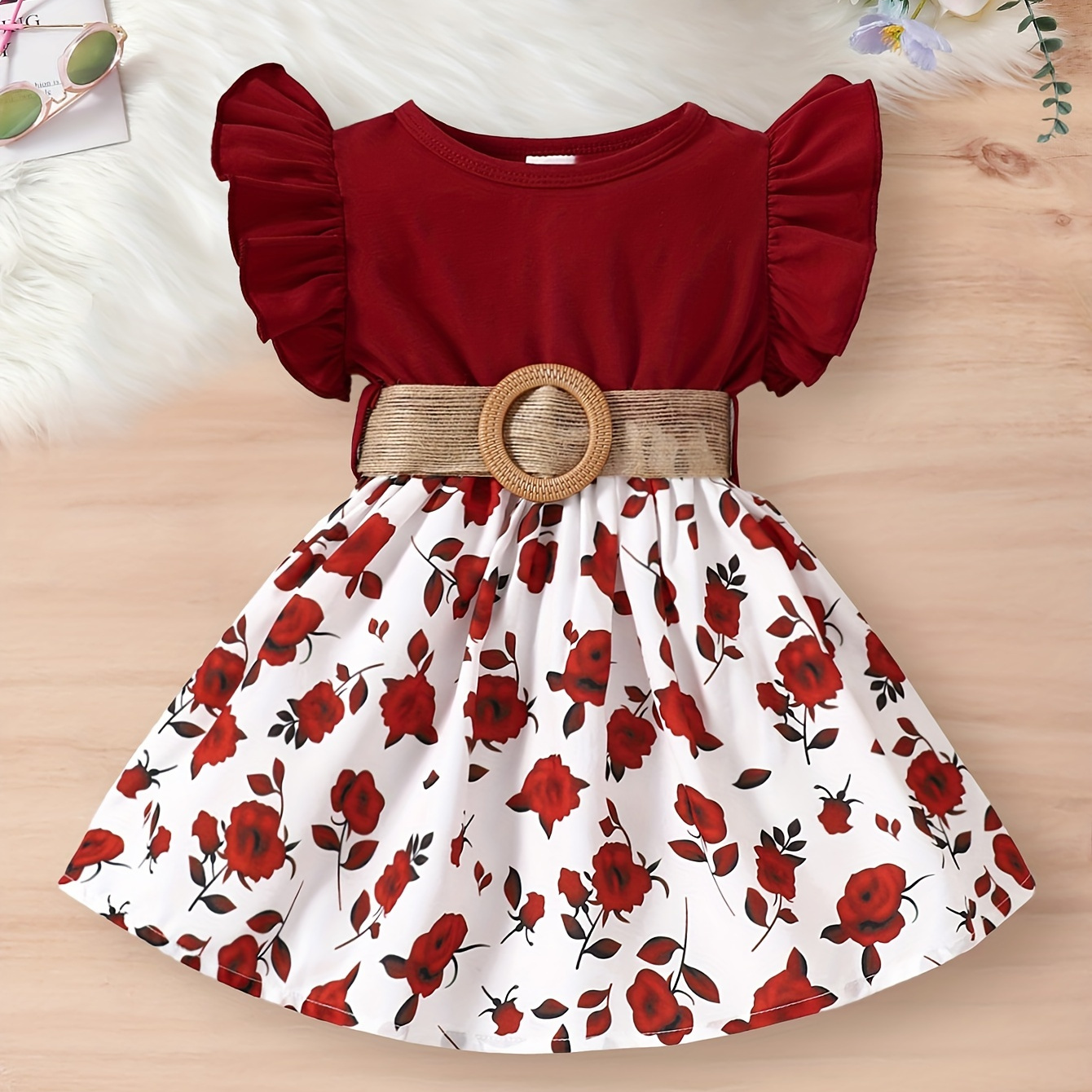 

Robe Élégante De Style Chic Pour Bébés Et Tout-petites Filles Avec Manches Volantes, Col Rond, Motif De Roses Imprimées Sur Le Bas Et Ceinture Assortie