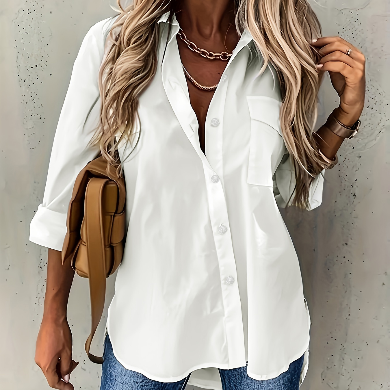 

Plain Color Button Front Shirt, Casual Long Sleeve Dipped Hem Simple Shirt For Going Out & Commuting, Women's Clothing