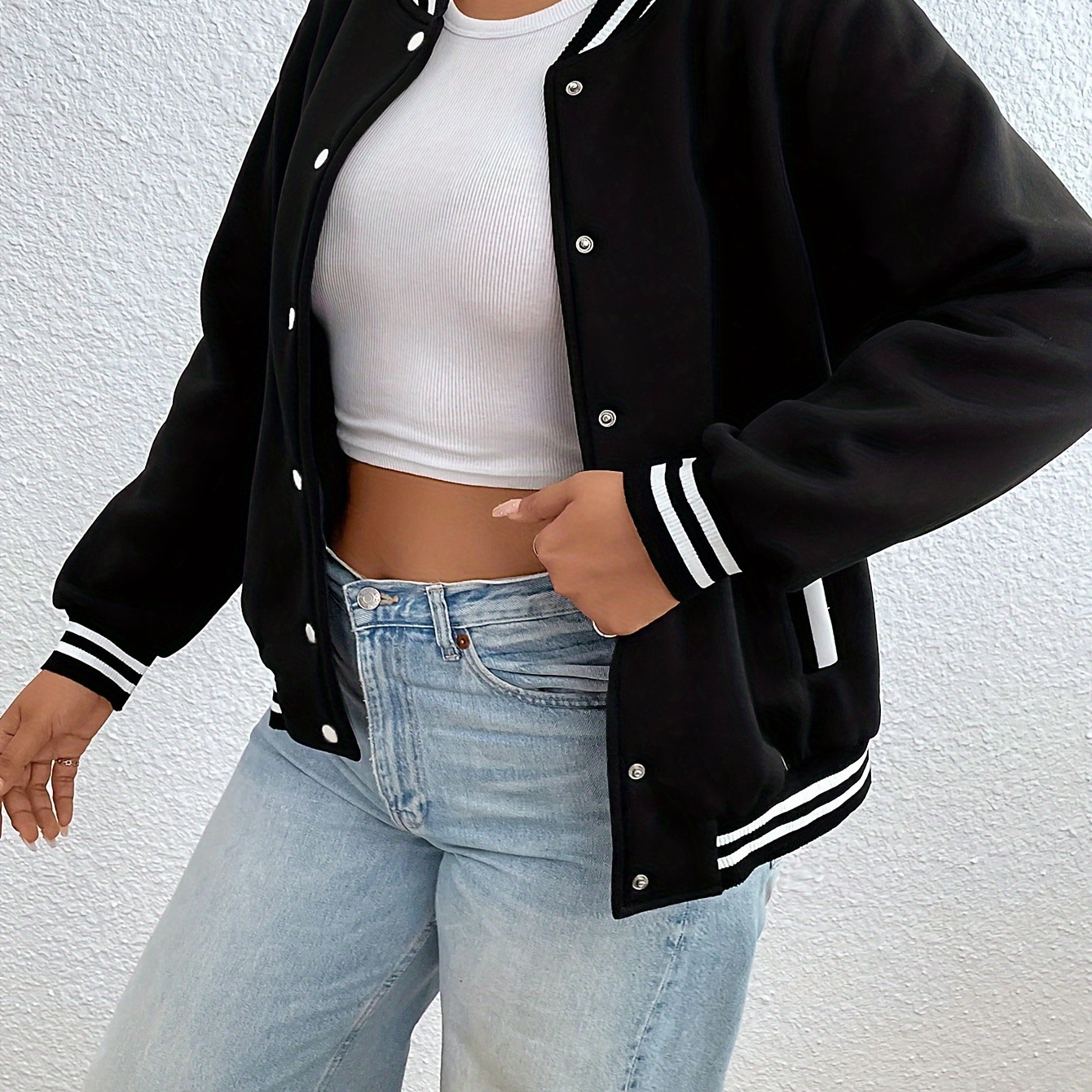 

Plus Size Color Block Pocket Bomber Jacket, Casual Button Front Jacket, Women's Plus Size Clothing