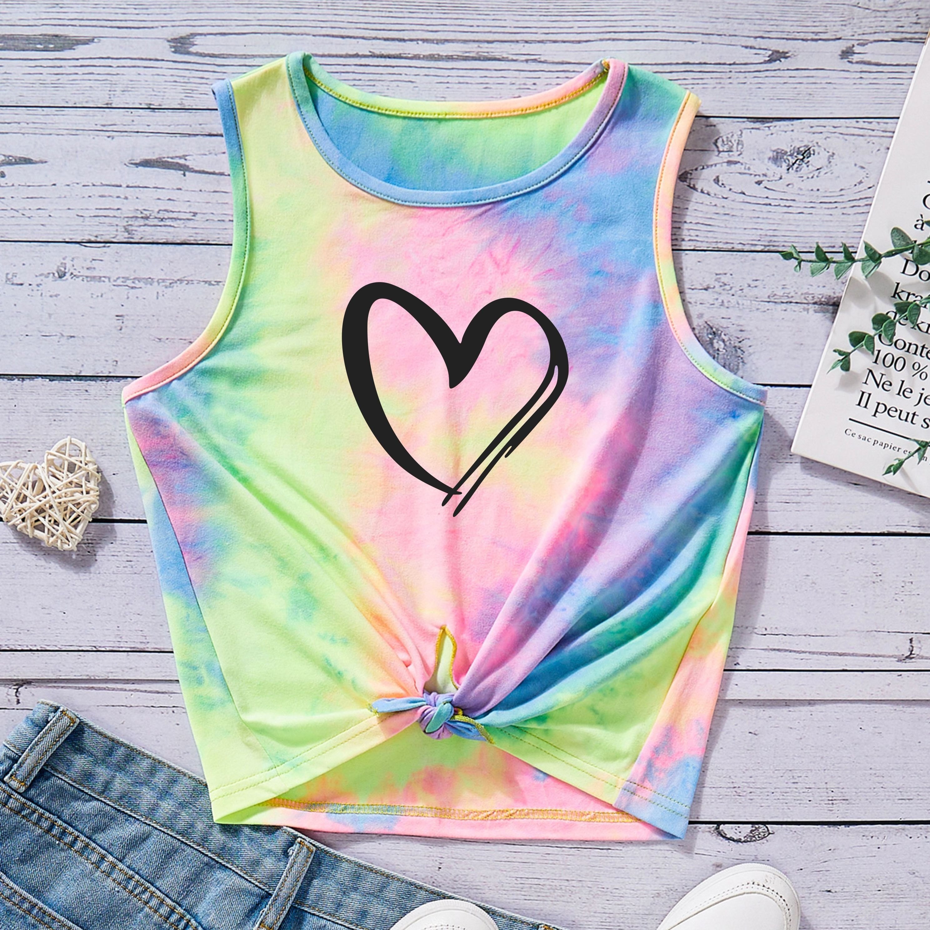 

Girls Sweet Style Tie-dye Knitted Crop Top With Heart Print, Sleeveless Casual Summer Tank, Rainbow Colors, Knot Detail