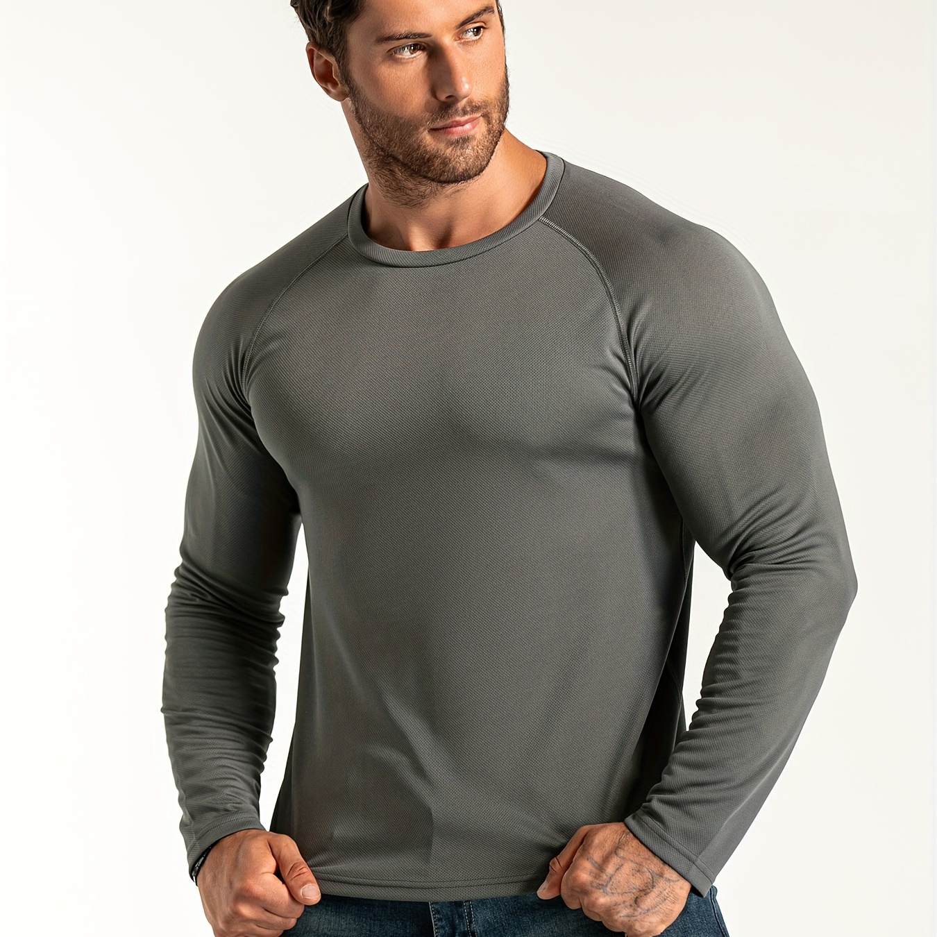 

Men's Solid Skinny Fit Crew Neck And Long Sleeve T-shirt, Casual And Chic Sports Tops For Spring And Autumn Fitness And Workout Wear