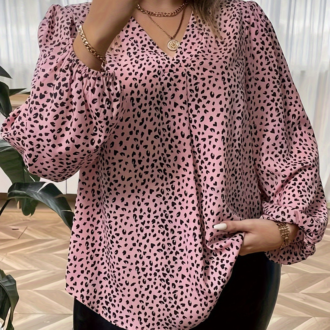 

Blouse à col en V à imprimé léopard grande taille, élégante blouse à manches longues pour le printemps et l'automne, vêtements grande taille pour femmes