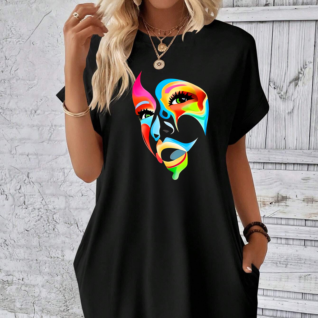 

Graphic Print Tee Dress, Short Sleeve Crew Neck Casual Dress For Summer & Spring, Women's Clothing